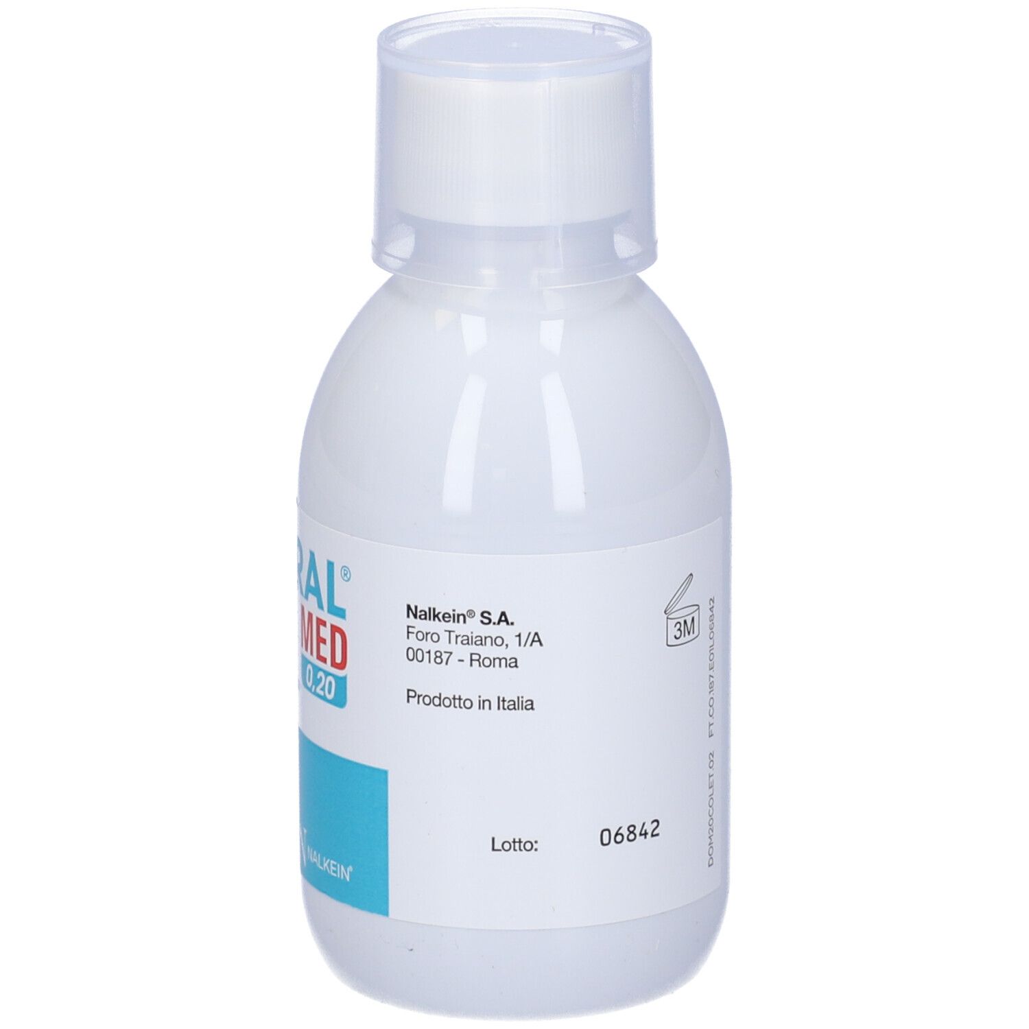 Flacone bianco con etichetta blu. Scritta: diforal MED 0,20. Logo: dente. Marchio: Nalkein. Indirizzo: Foro Traiano, 1/A.