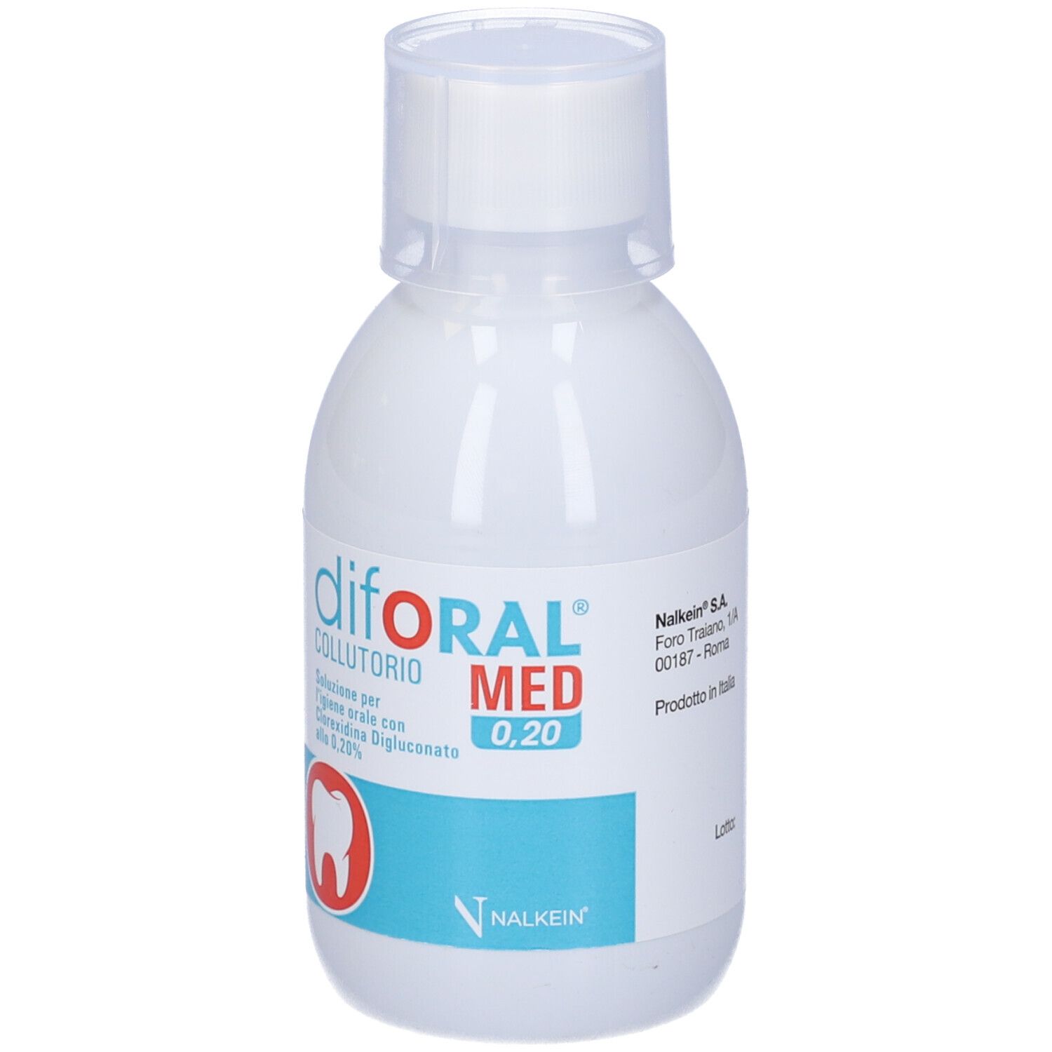 Flacone bianco con etichetta blu. Scritta: diforal MED 0,20 Collutorio. Logo: dente. Marchio: Nalkein.