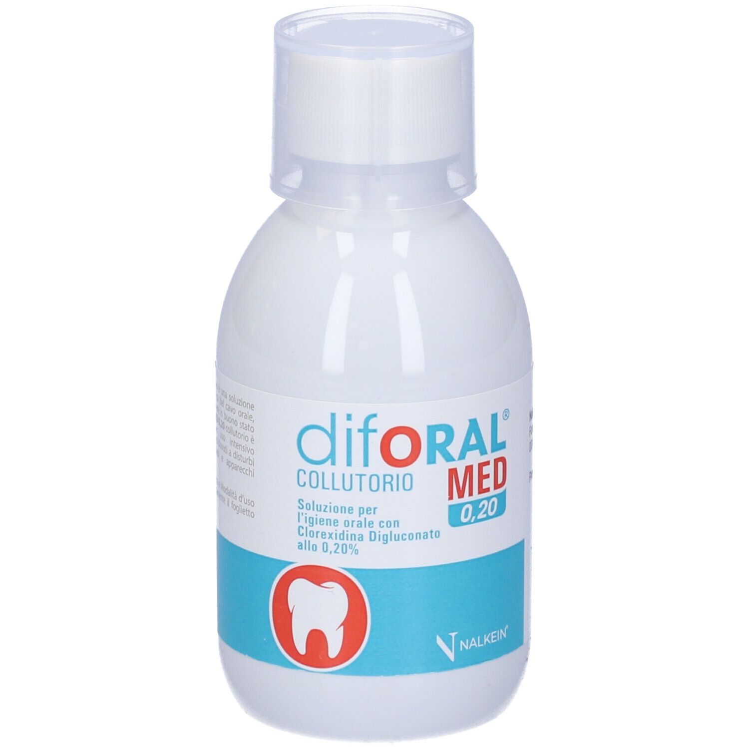 Flacone bianco con etichetta blu. Scritta: diforal MED 0,20 Collutorio. Logo: dente. Marchio: Nalkein.