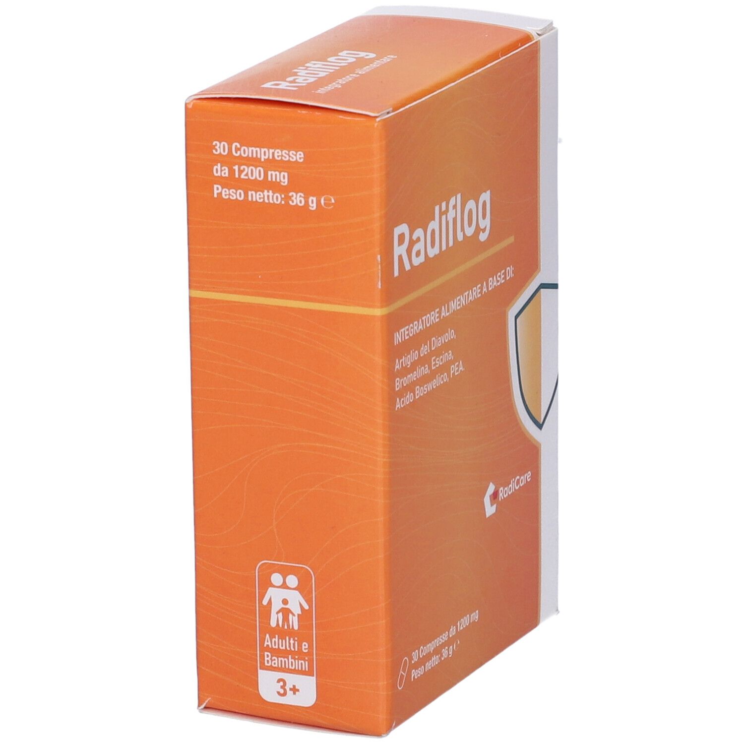 Scatola Radiflog arancione. Contiene 30 compresse. Testo: 'Adulti e Bambini 3+'.