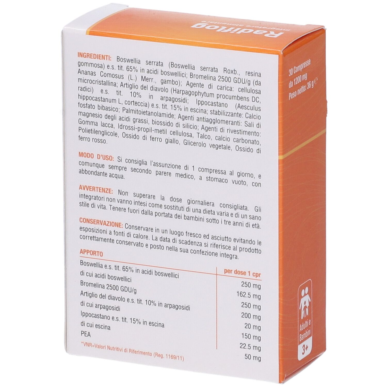 Retro della scatola Radiflog. Ingredienti e istruzioni per l'uso. Testo in italiano.