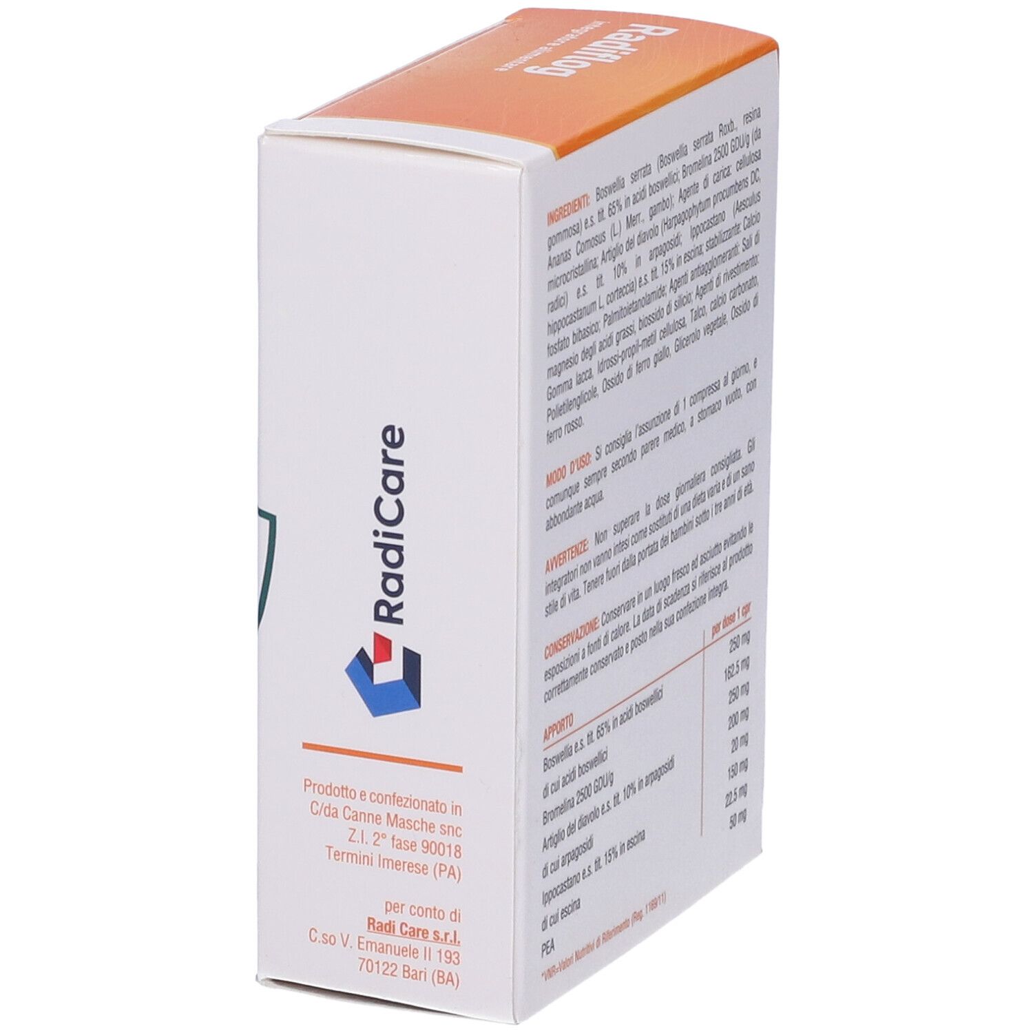 Lato della scatola Radiflog. Marchio: RadiCare. Testo in italiano.