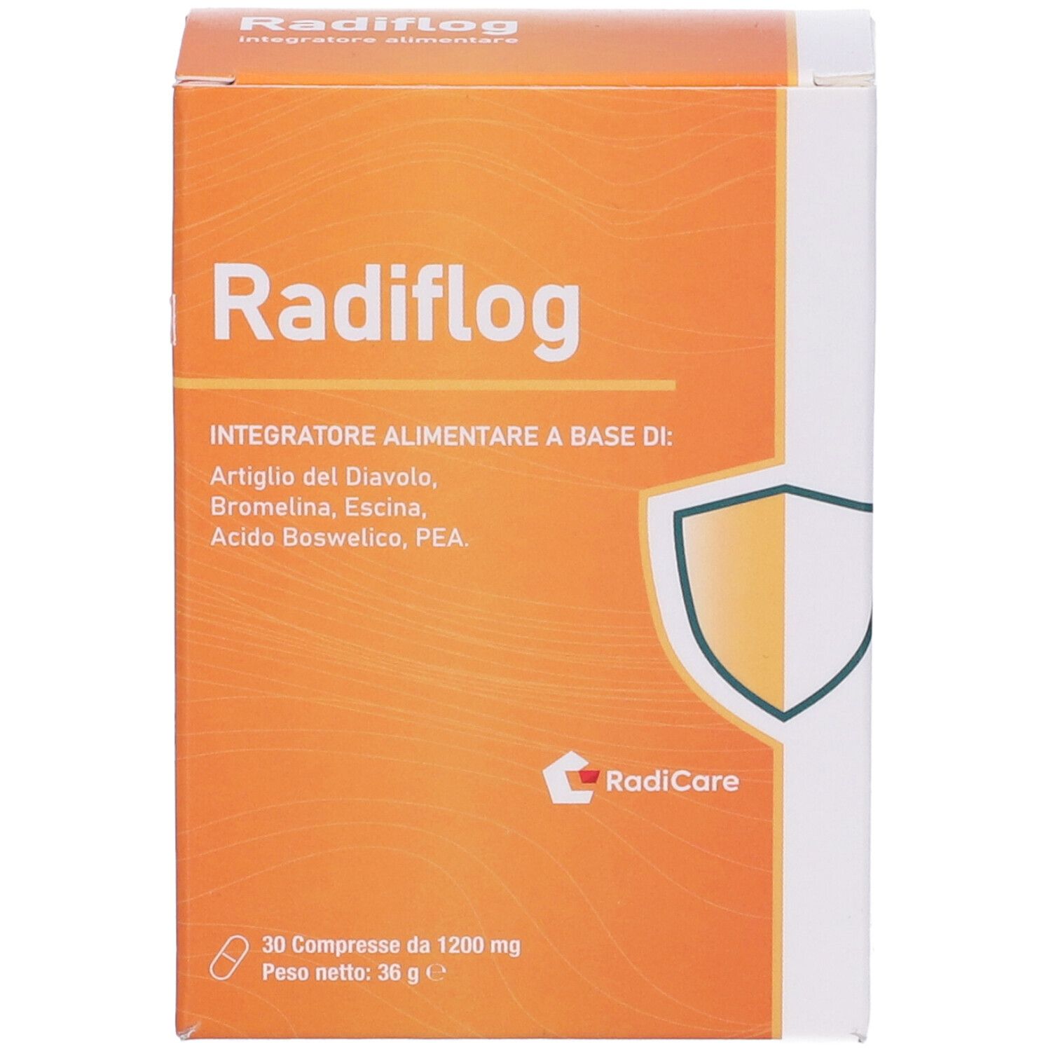 Scatola Radiflog arancione con scritte bianche. Contiene 30 compresse. Marchio: RadiCare. Ingredienti visibili.