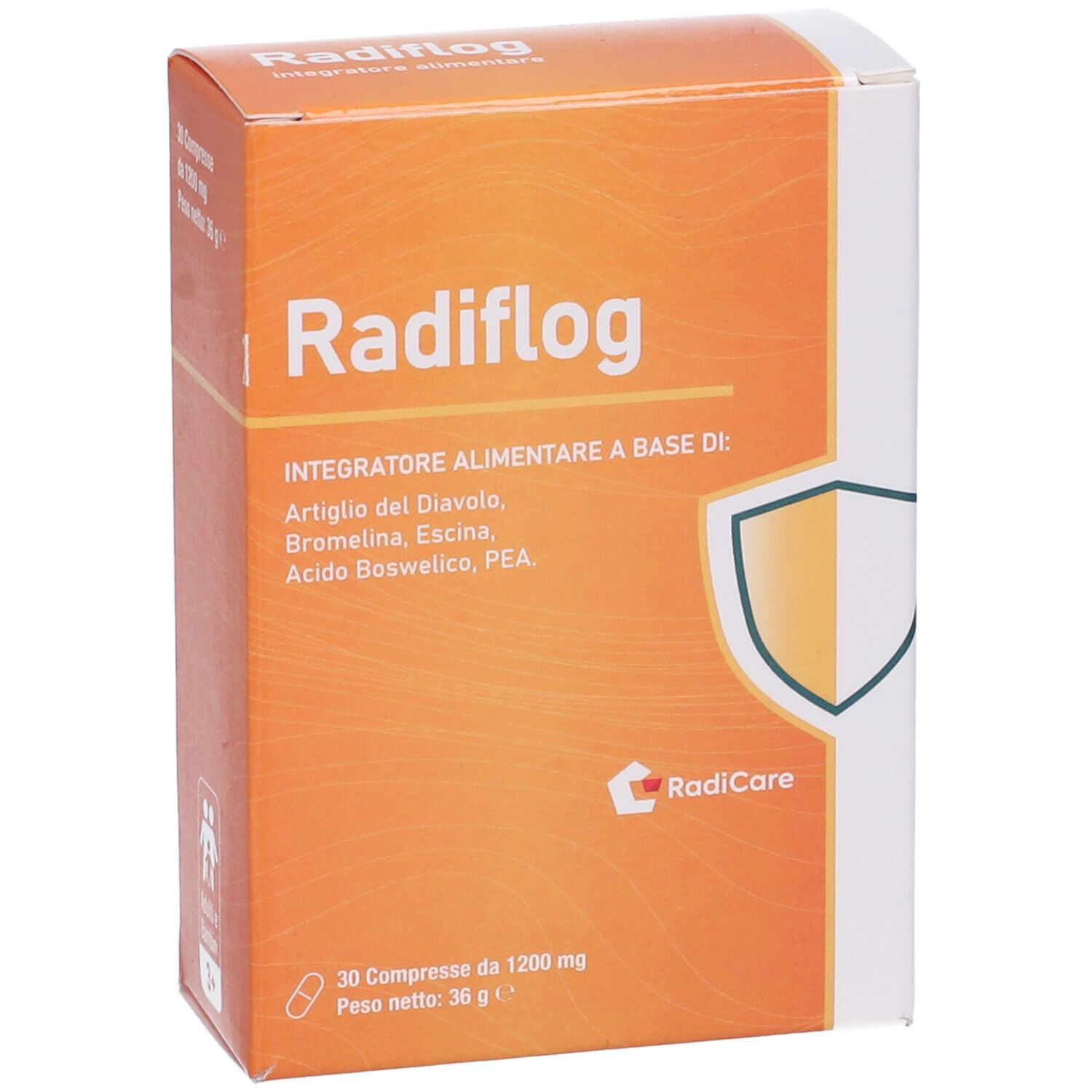 Scatola Radiflog arancione con scritte bianche. Contiene 30 compresse. Marchio: RadiCare. Ingredienti visibili.