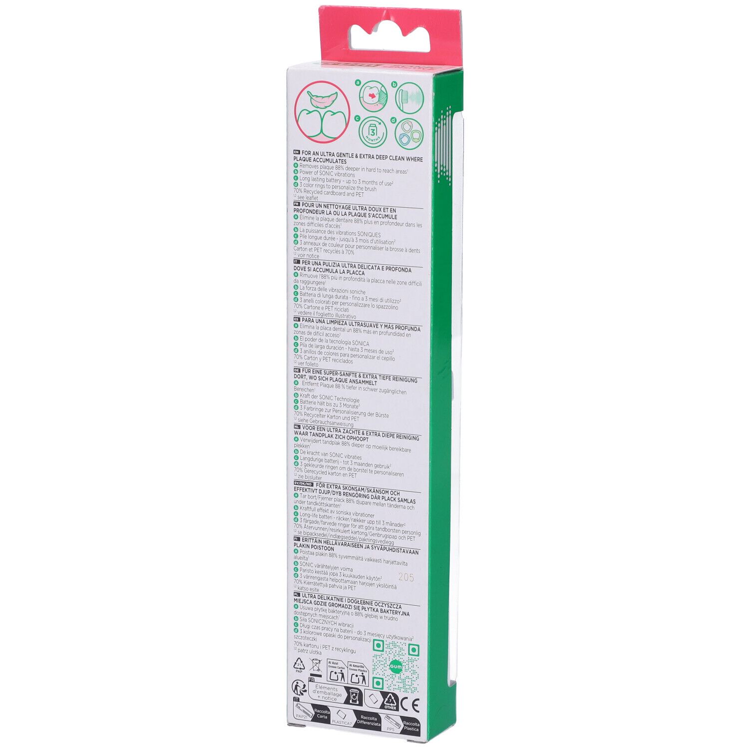 Retro della confezione. Testo multilingue. G-U-M Sonic Sensitive. Verde e bianco. Logo riciclo.