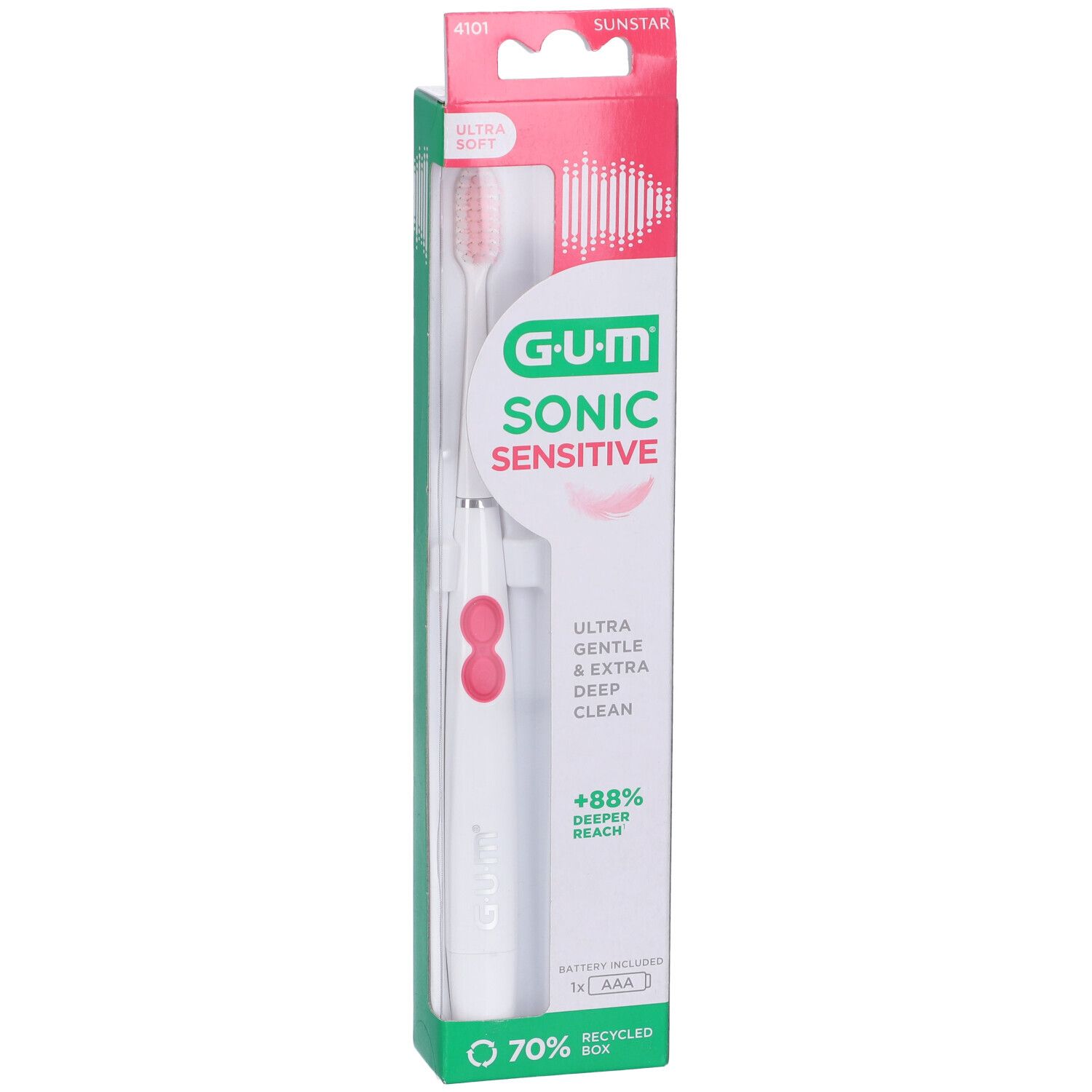 Spazzolino in confezione. Manico bianco, setole rosa. G-U-M Sonic Sensitive. Ultra Soft. Batteria inclusa.