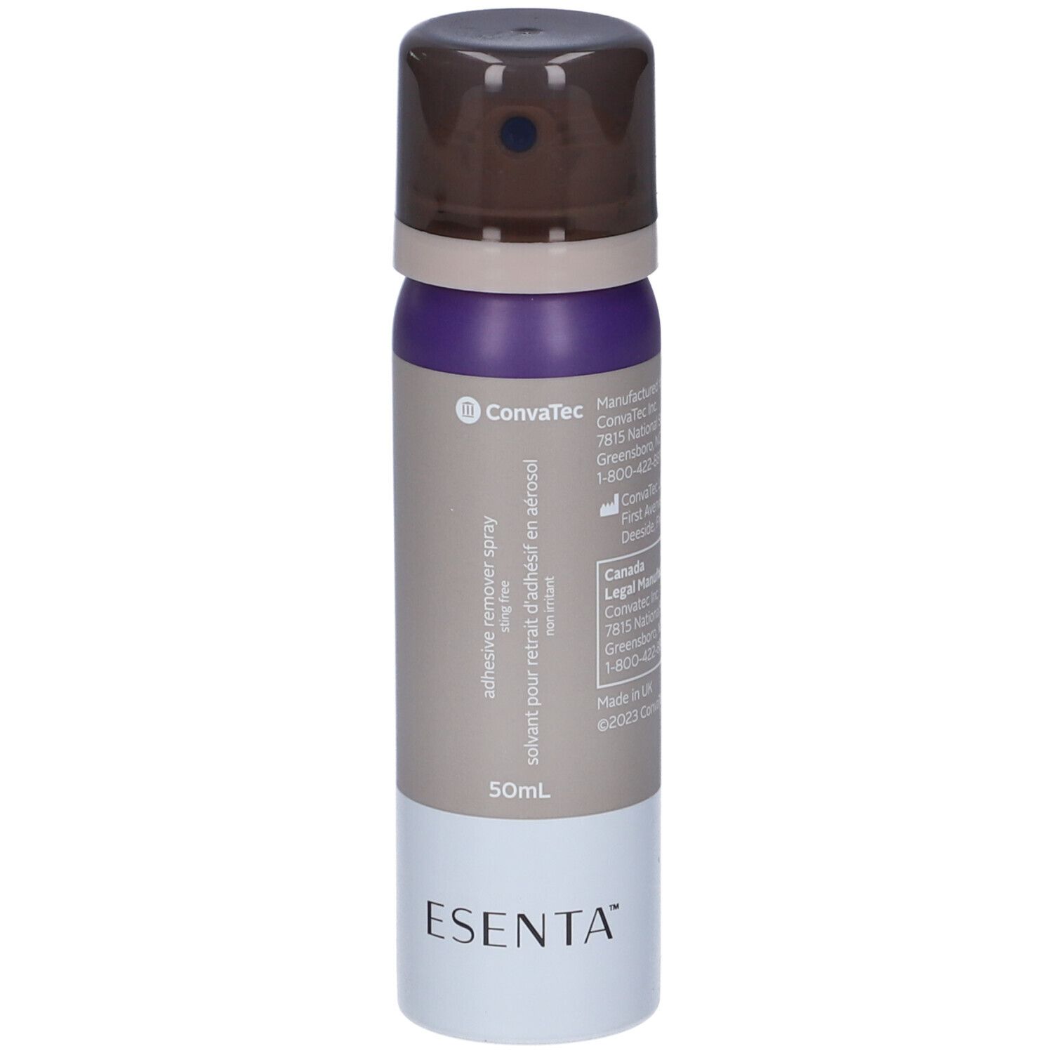 Spray aerosol Esenta di ConvaTec. Testina marrone, contenitore viola e grigio. Scritta: adhesive remover spray.