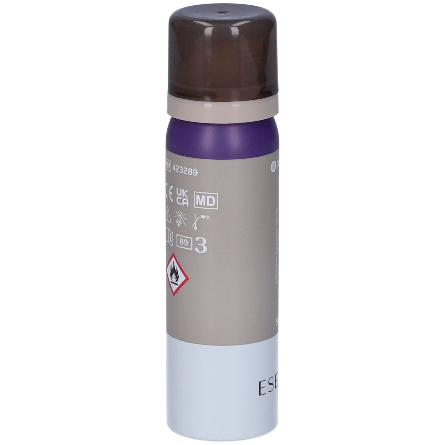 Spray aerosol Esenta di ConvaTec. Testina marrone, contenitore viola e grigio. Scritta: adhesive remover spray. Avviso.