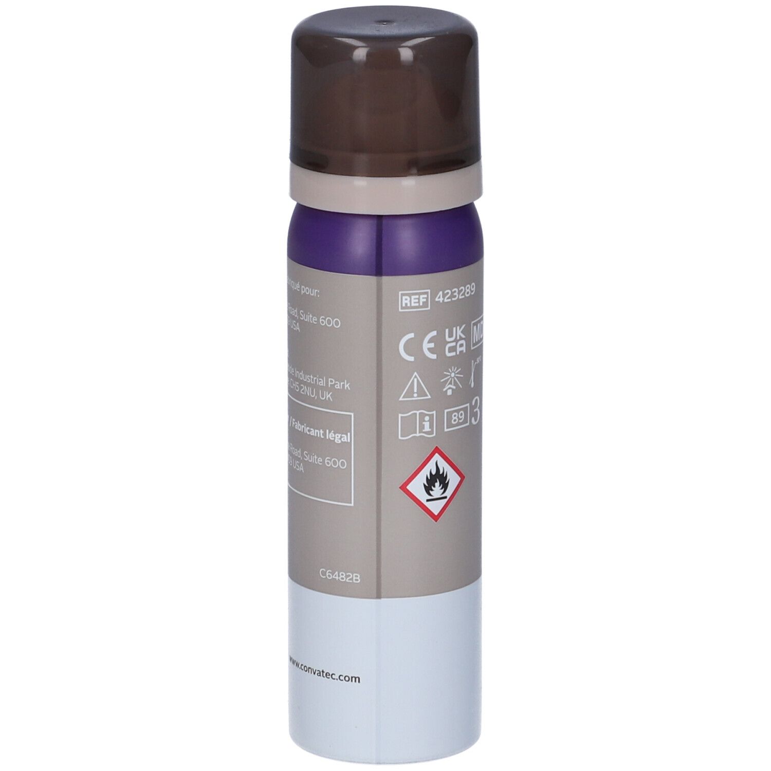 Spray aerosol Esenta di ConvaTec. Testina marrone, contenitore viola e grigio. Scritta: adhesive remover spray. Avviso.