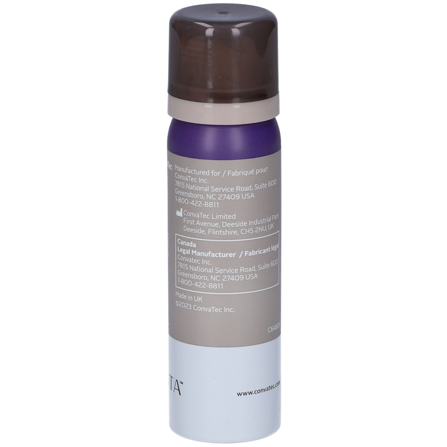 Spray aerosol Esenta di ConvaTec. Testina marrone, contenitore viola e grigio. Scritta: adhesive remover spray. Informazioni produttore.
