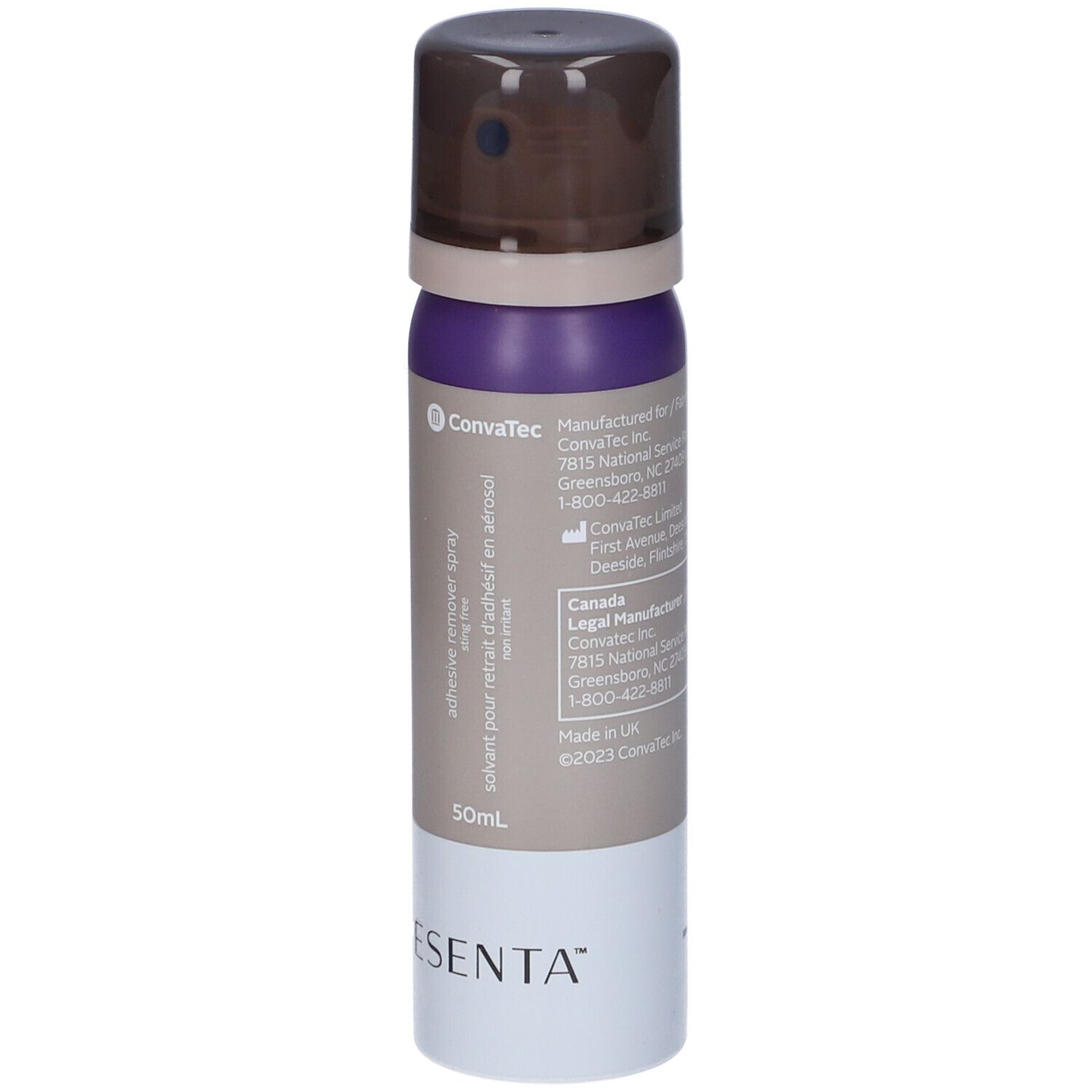 Spray aerosol Esenta di ConvaTec. Testina marrone, contenitore viola e grigio. Scritta: adhesive remover spray.