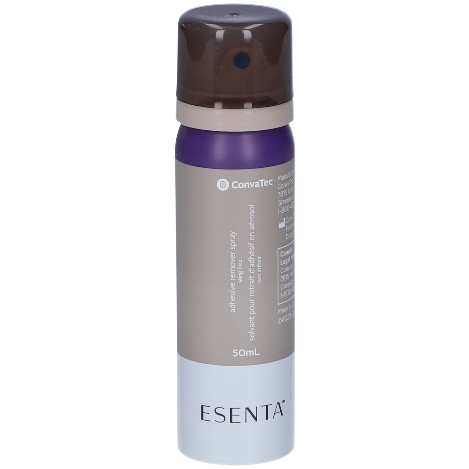 Spray aerosol Esenta di ConvaTec. Testina marrone, contenitore viola e grigio. Scritta: adhesive remover spray.