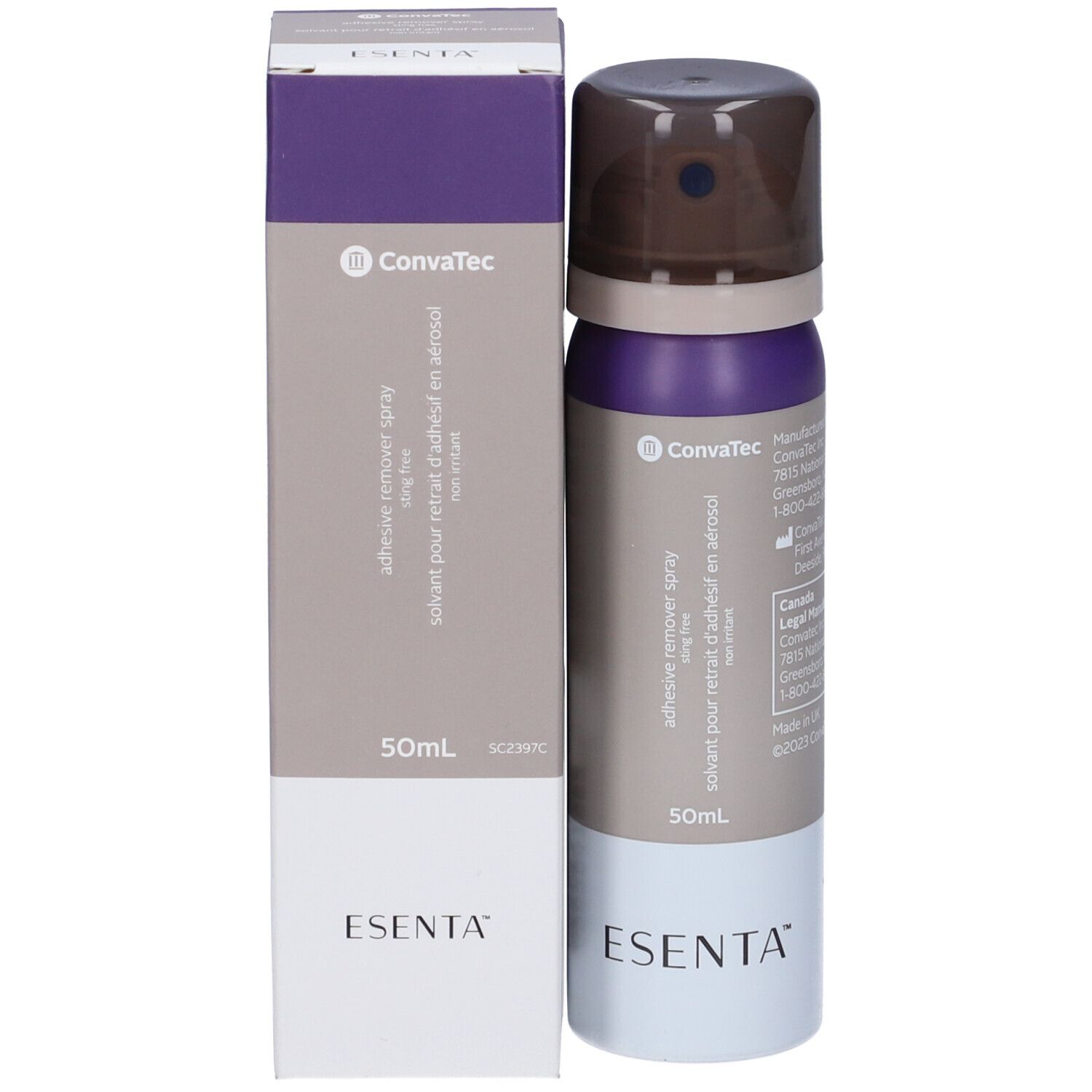 Spray aerosol ConvaTec Esenta e confezione. Viola, grigio e bianco. Scritta: adhesive remover spray, 50ml.