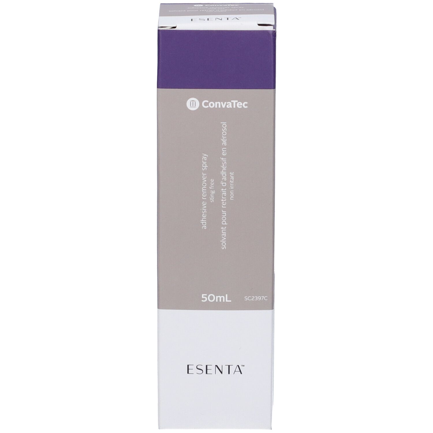 Confezione dello spray aerosol ConvaTec Esenta. Viola, grigio e bianco. Scritta: adhesive remover spray, 50ml.