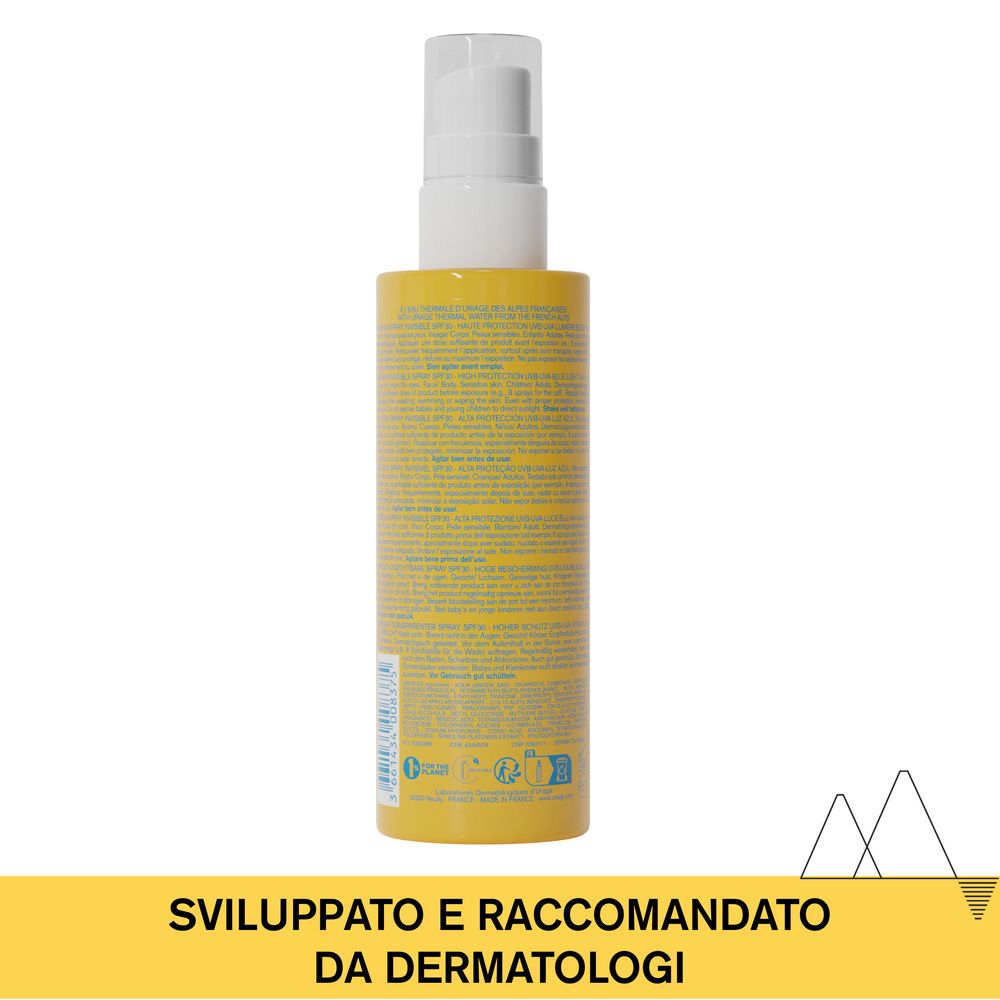 Retro di un flacone giallo con erogatore spray. Testo: Sviluppato e raccomandato dai dermatologi.