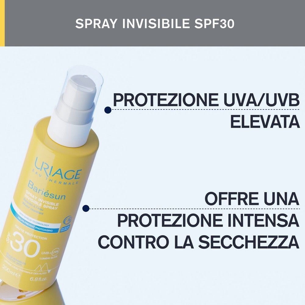 Prodotto con testo: Spray Invisible SPF30. Alta protezione UVA/UVB. Protegge dalla secchezza.