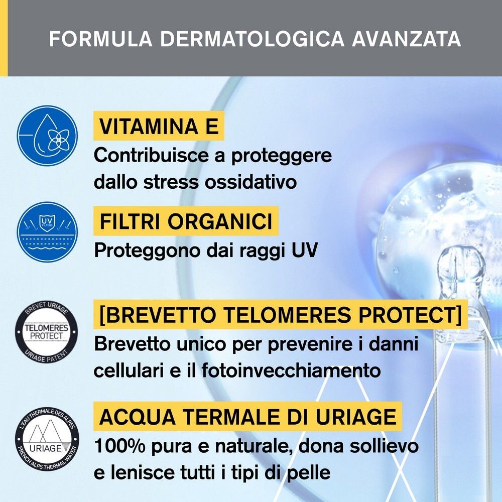 Estratti di testo sugli ingredienti: Vitamina E, filtri organici, Telomeres Protect, Acqua Termale Uriage.