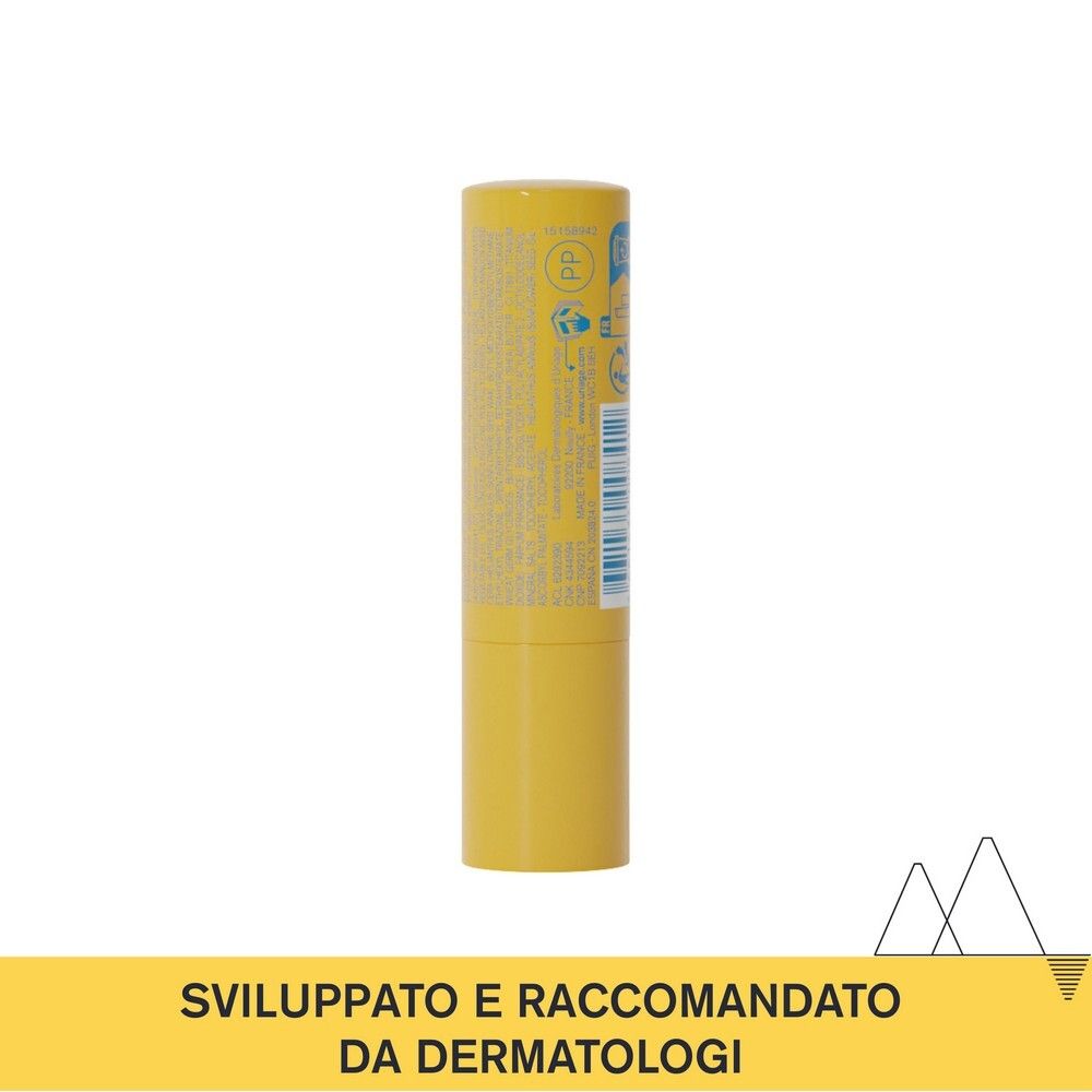 Stick labbra giallo. Retro con testo. Scritta: Testato dermatologicamente.