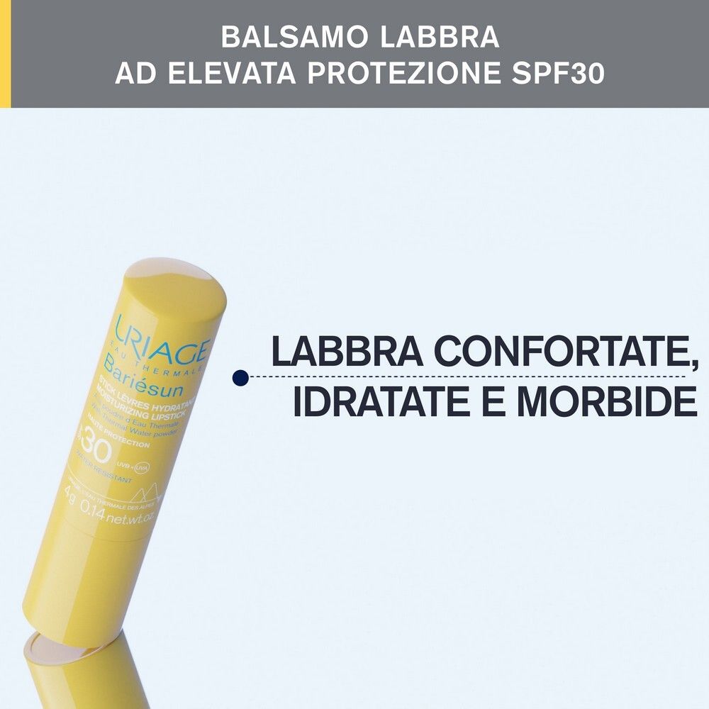 Stick labbra giallo. Testo: Balsamo labbra ad alta protezione SPF30. Labbra confortate, idratate.
