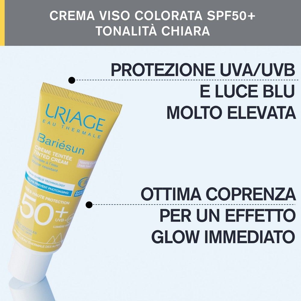Uriage Bariesun crema colorata 50+ su sfondo giallo. Testo: protezione UVA/UVB, ecc.