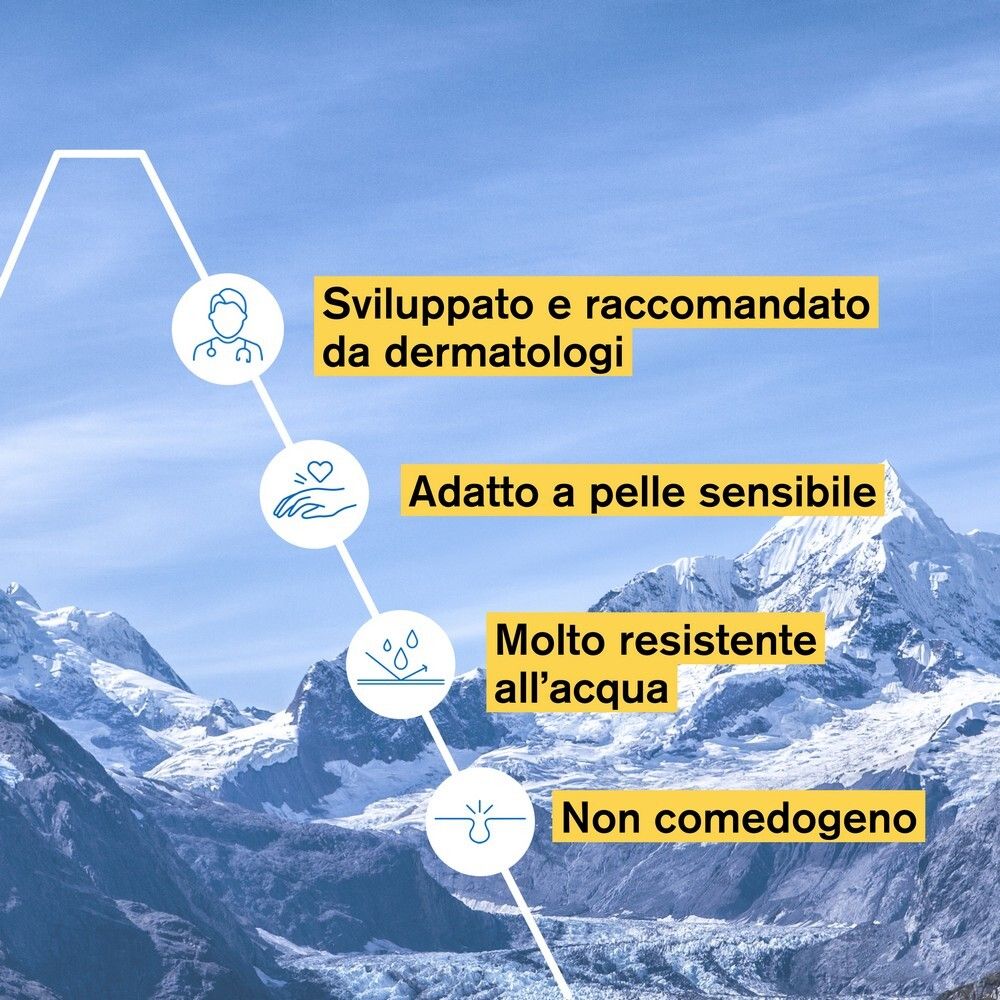 Grafico con testo. Dermatologicamente testato, pelle sensibile, resistente all'acqua, non comedogeno.