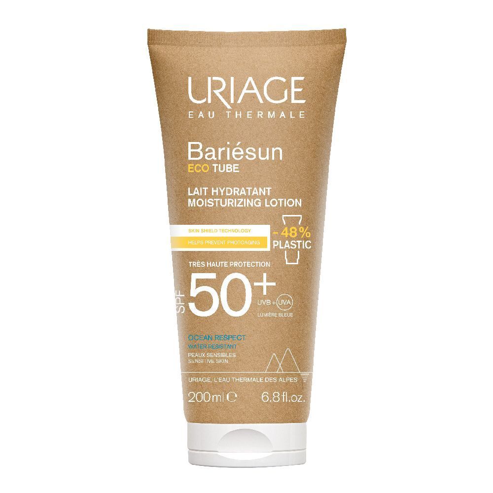 Tubo Uriage Bariésun Eco Tube SPF 50+. Confezione marrone con informazioni sul prodotto.