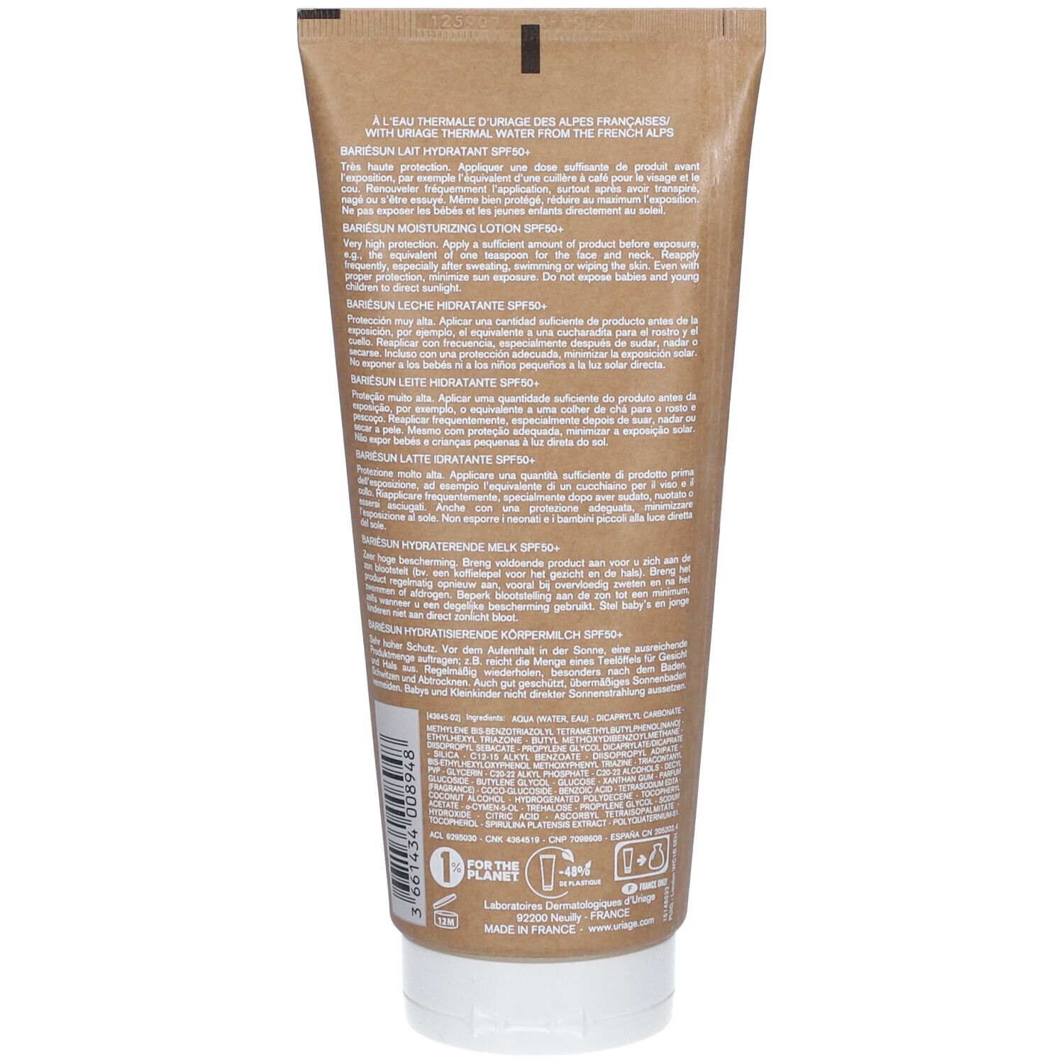 Retro del tubo di crema solare Uriage. Informazioni testuali multilingue, tappo bianco.