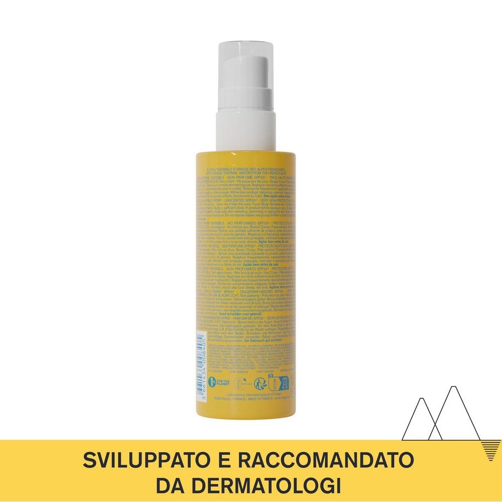 Retro del flacone Uriage Bariésun Spray Invisible SPF 50+. Sfondo giallo, testo.