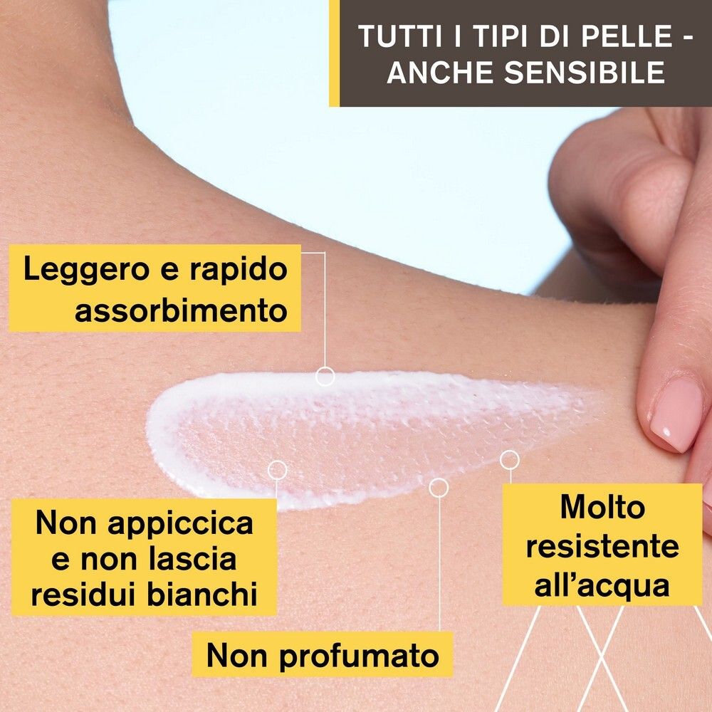 Prodotto applicato sulla pelle. Testo: Leggero, rapido assorbimento, non appiccica, resistente all'acqua, senza profumo.
