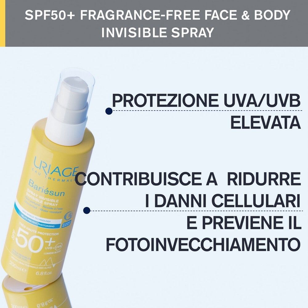 Uriage Bariésun Spray Invisible SPF 50+ accanto al testo. Alta protezione UVA/UVB, riduce i danni cellulari.