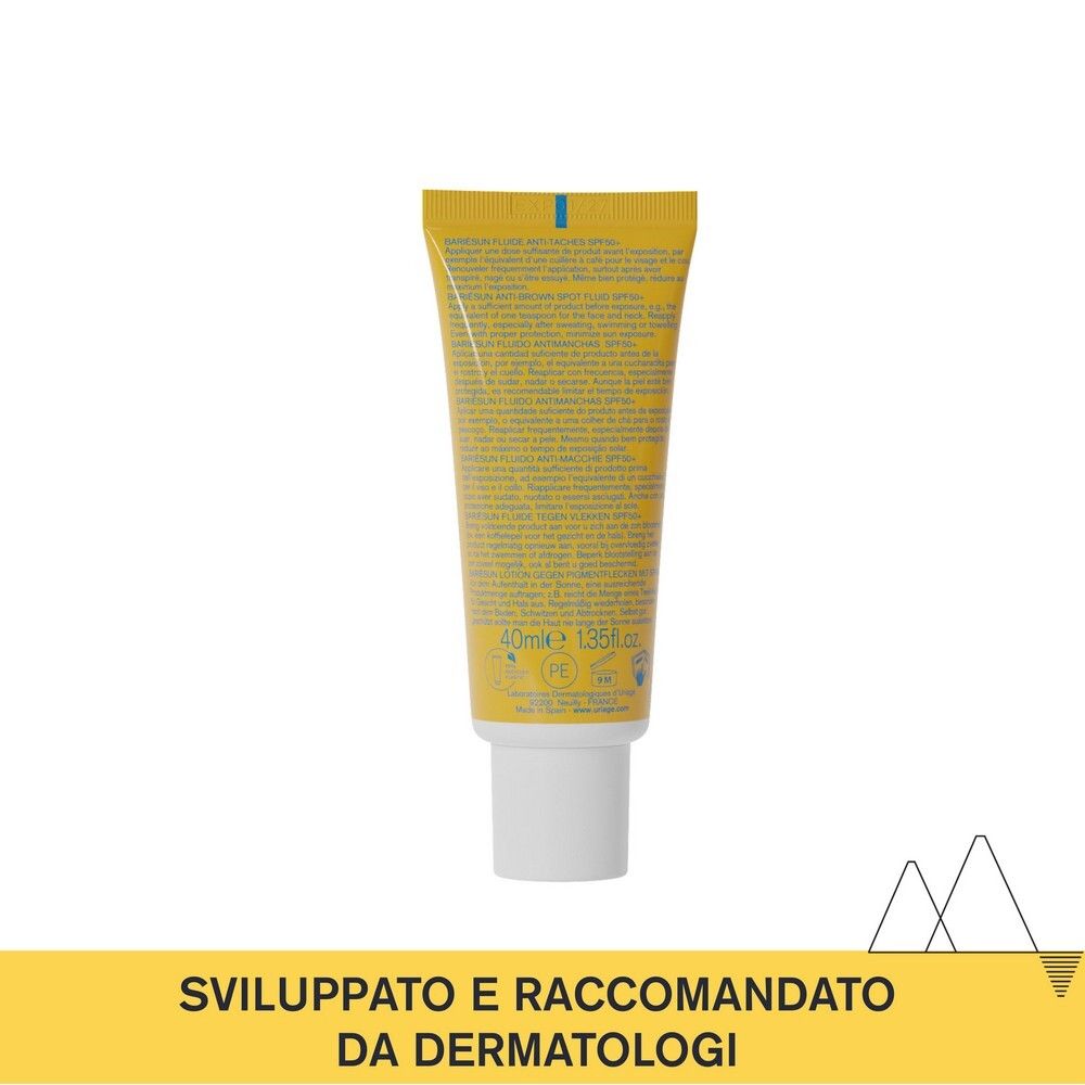 Retro del tubo giallo URIAGE Bariésun. Testo multilingue. Tappo bianco.