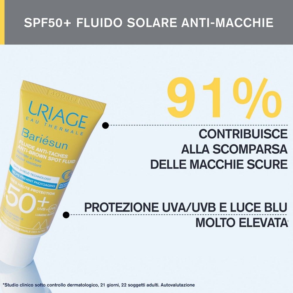 Prodotto e testo. URIAGE Bariésun Fluido Antimacchie SPF50+. Il 91% contribuisce alla scomparsa delle macchie scure.