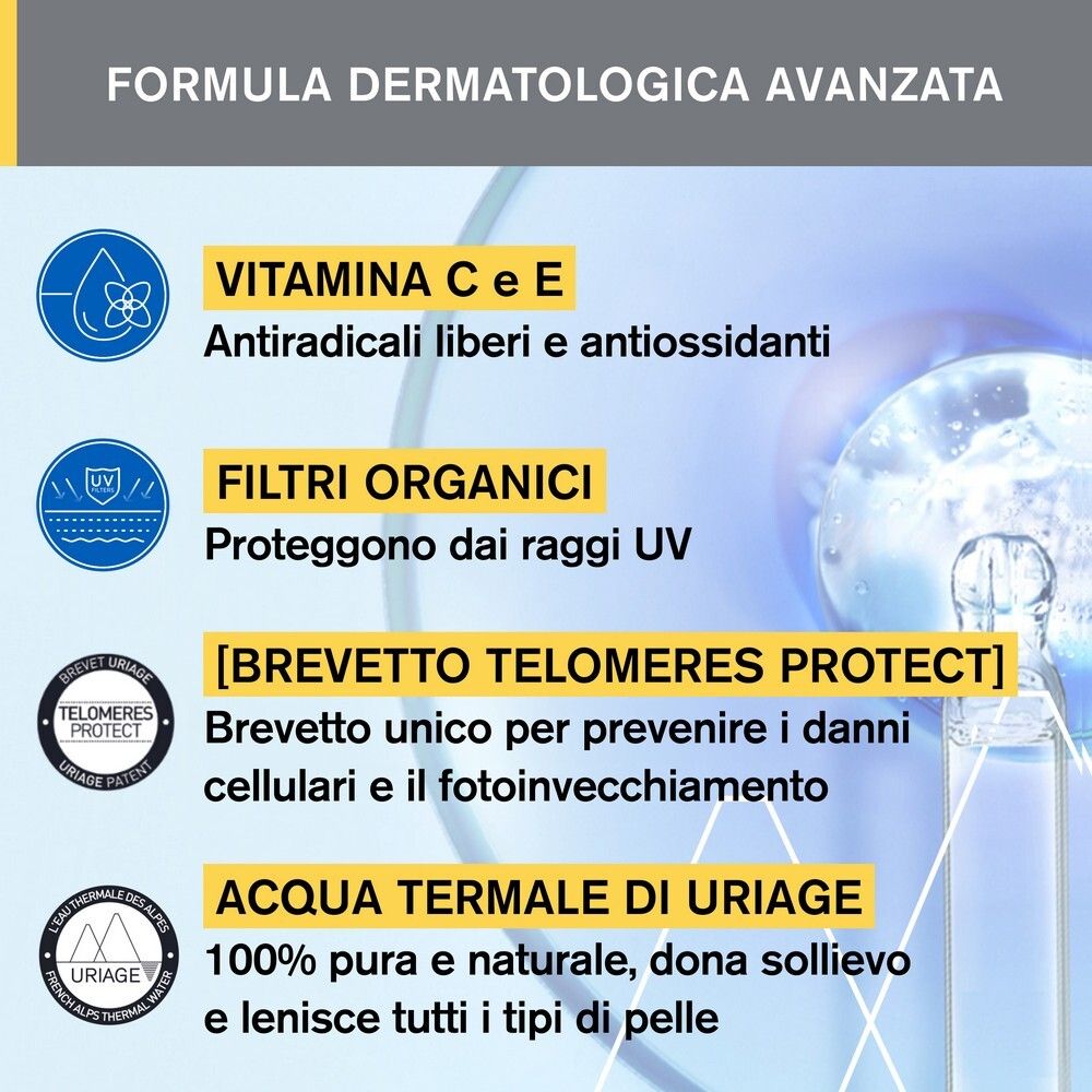 Grafico con caratteristiche del prodotto. Vitamina C & E, filtri organici, Telomeres Protect, Acqua Termale Uriage.
