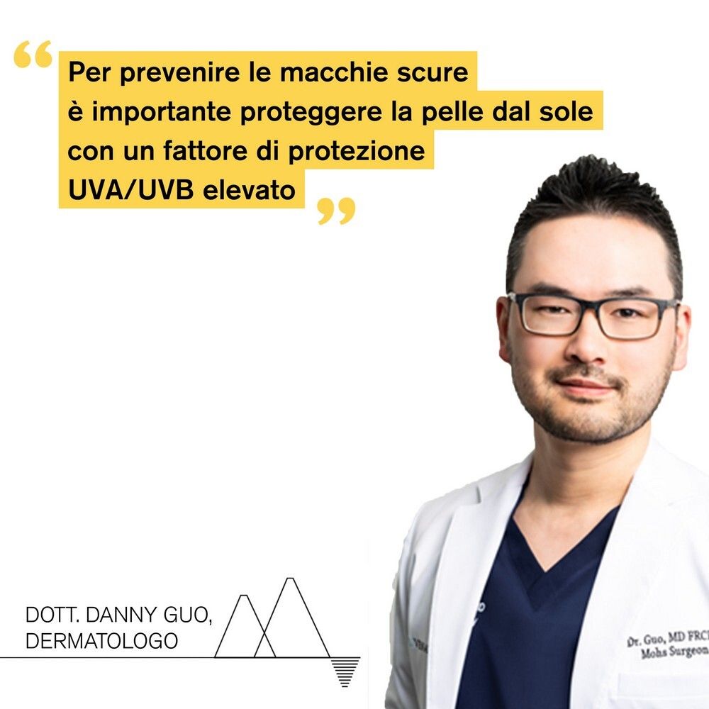 Ritratto di un dermatologo. Citazione: La protezione solare con un fattore UVA/UVB elevato è importante per prevenire le macchie scure.