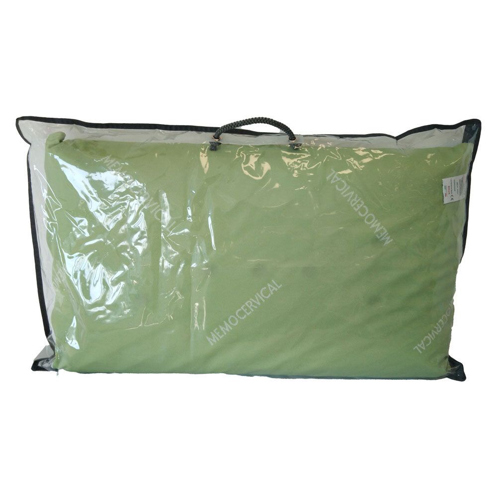 Cuscino Biosynex Memocervical 7 confezionato. Verde, rettangolare, in sacchetto trasparente.