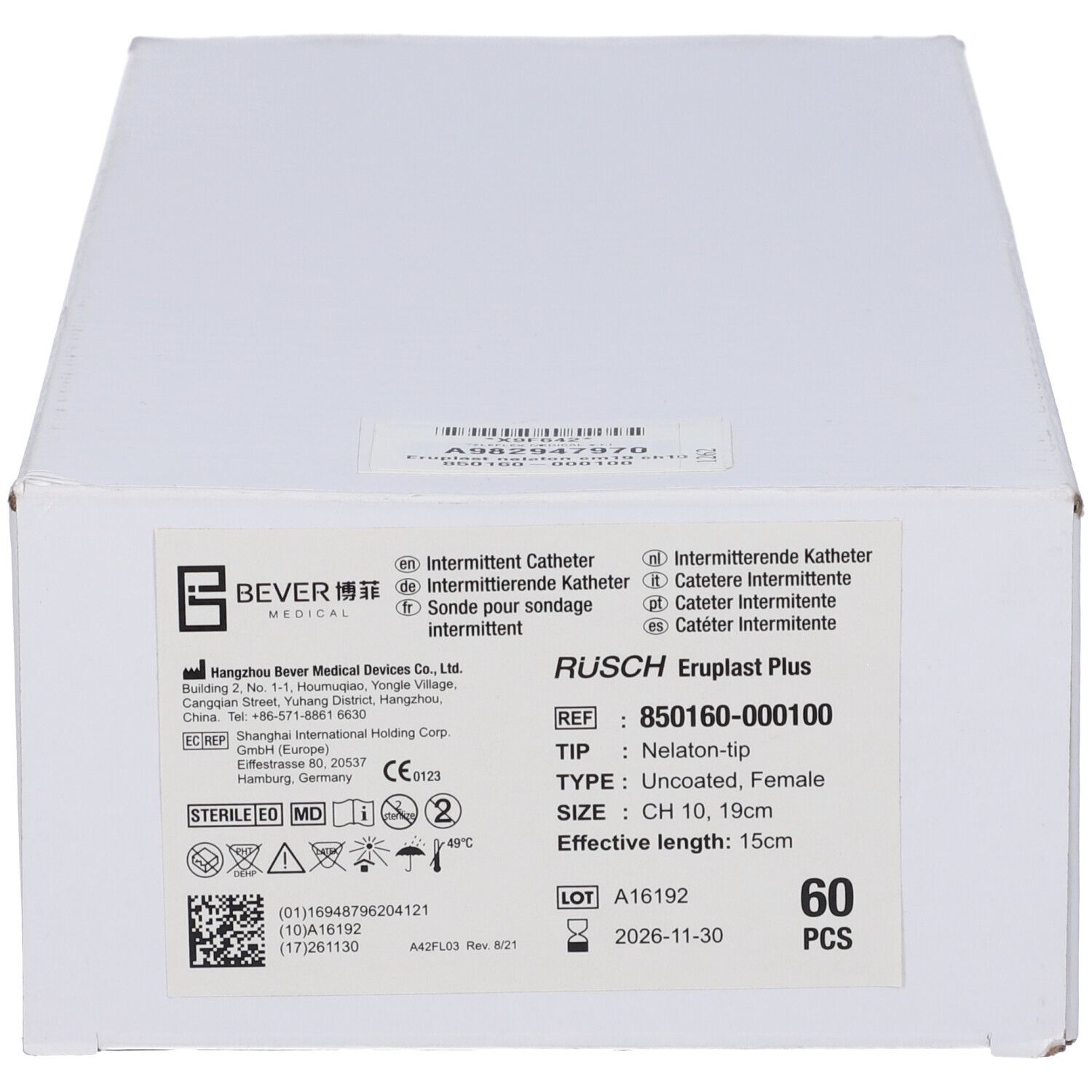 Confezione in cartone con informazioni sul prodotto. Marchio BEVER. Testo in tedesco, inglese, francese e italiano. 60 pezzi.