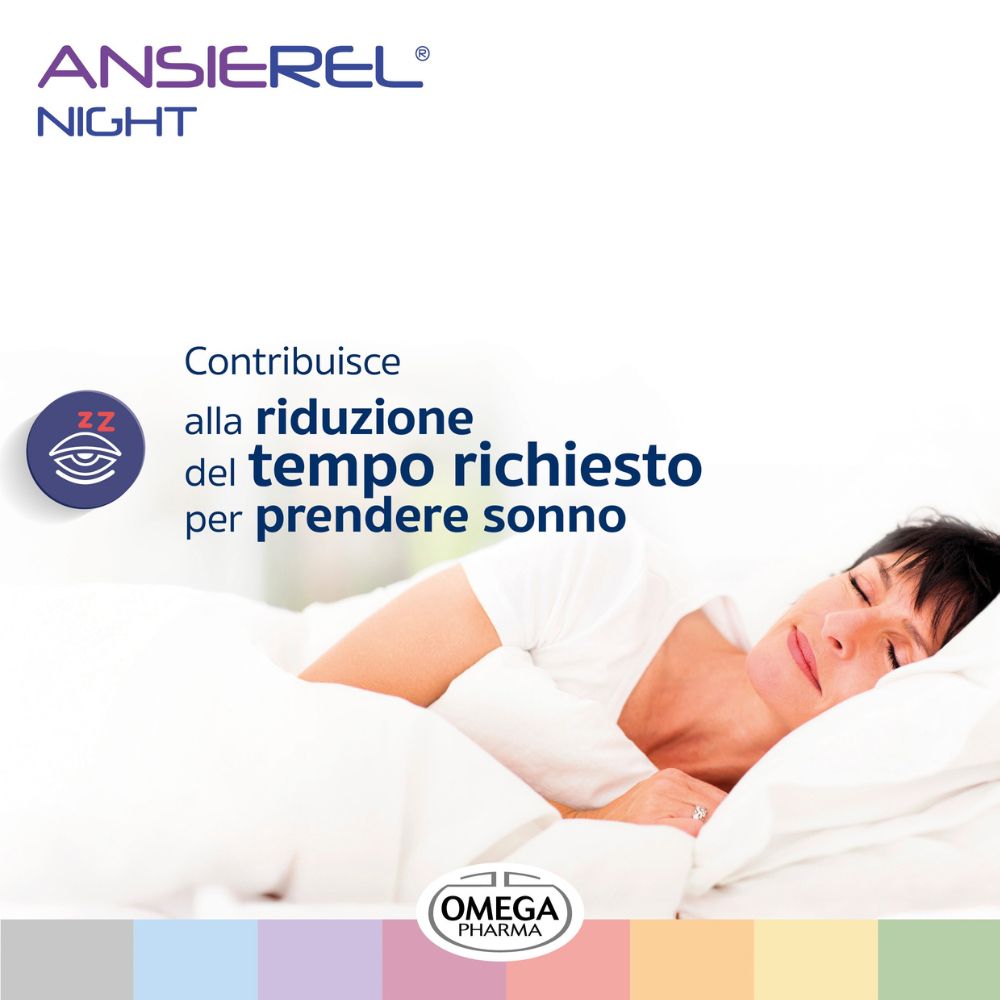 Donna che dorme a letto. Logo Omega Pharma. Testo: Contribuisce alla riduzione del tempo richiesto per prendere sonno.