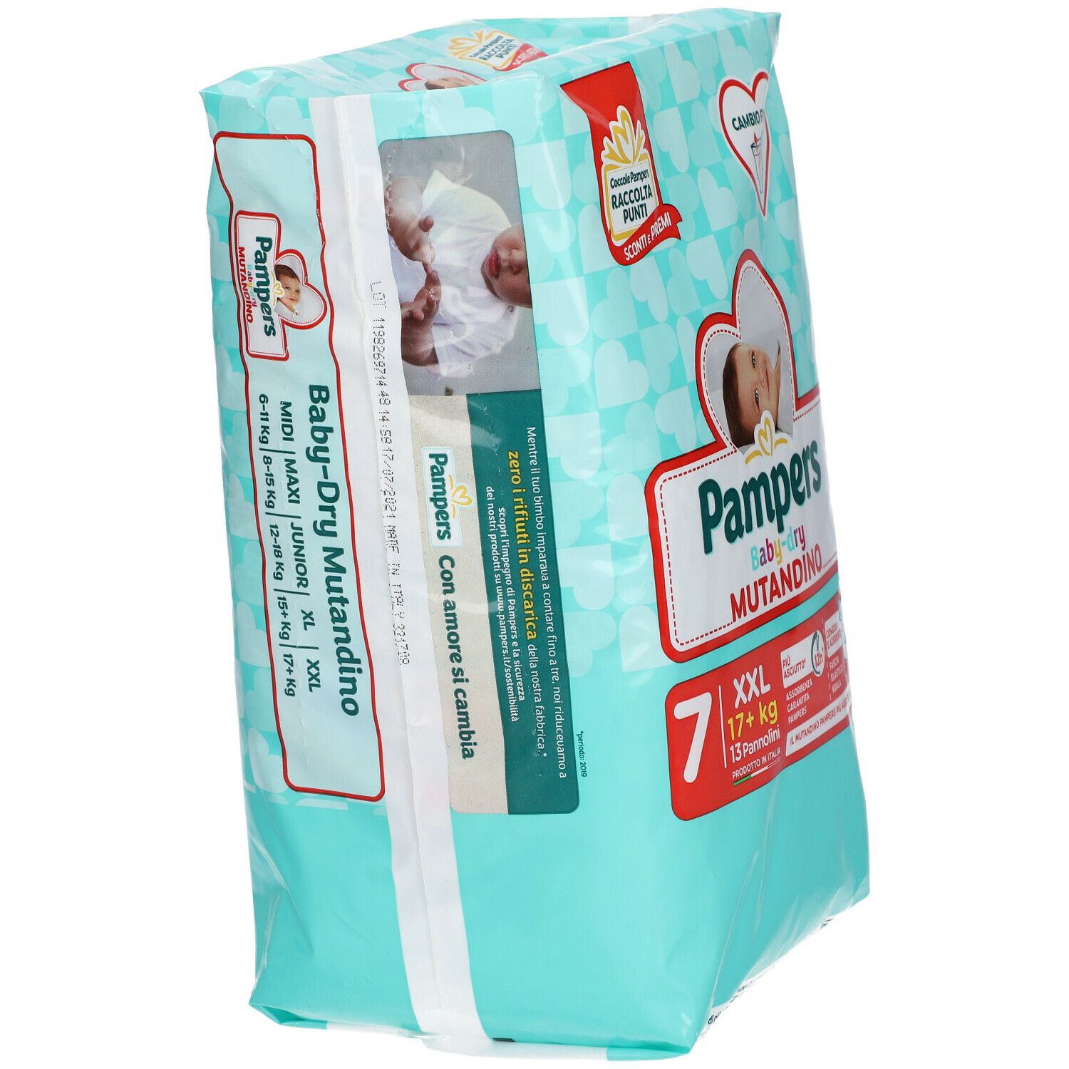 Confezione Pampers Baby-Dry Mutandino. 7 pannolini. XXL. Design turchese e bianco. Cambio Facile. Immagine bambino.