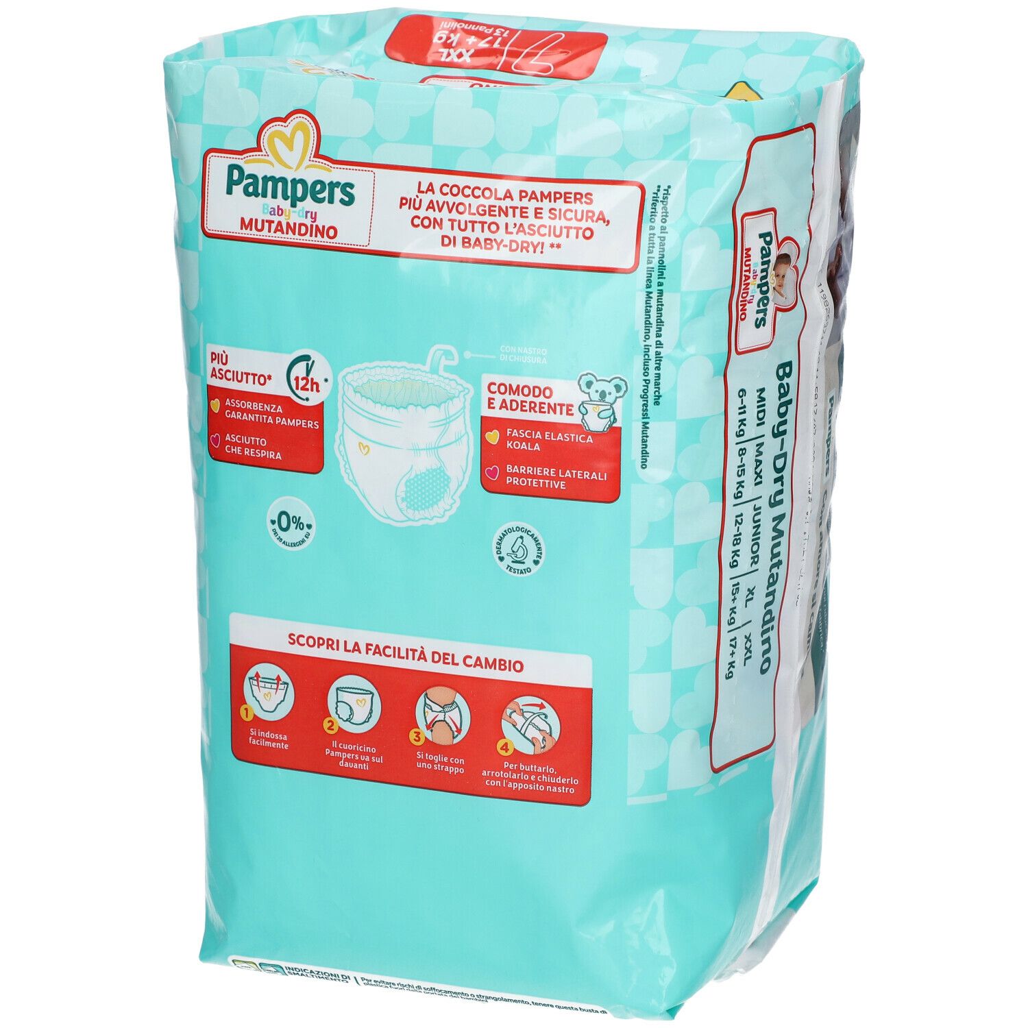 Retro confezione Pampers Baby-Dry Mutandino. Design turchese e bianco. Informazioni su taglie e caratteristiche.
