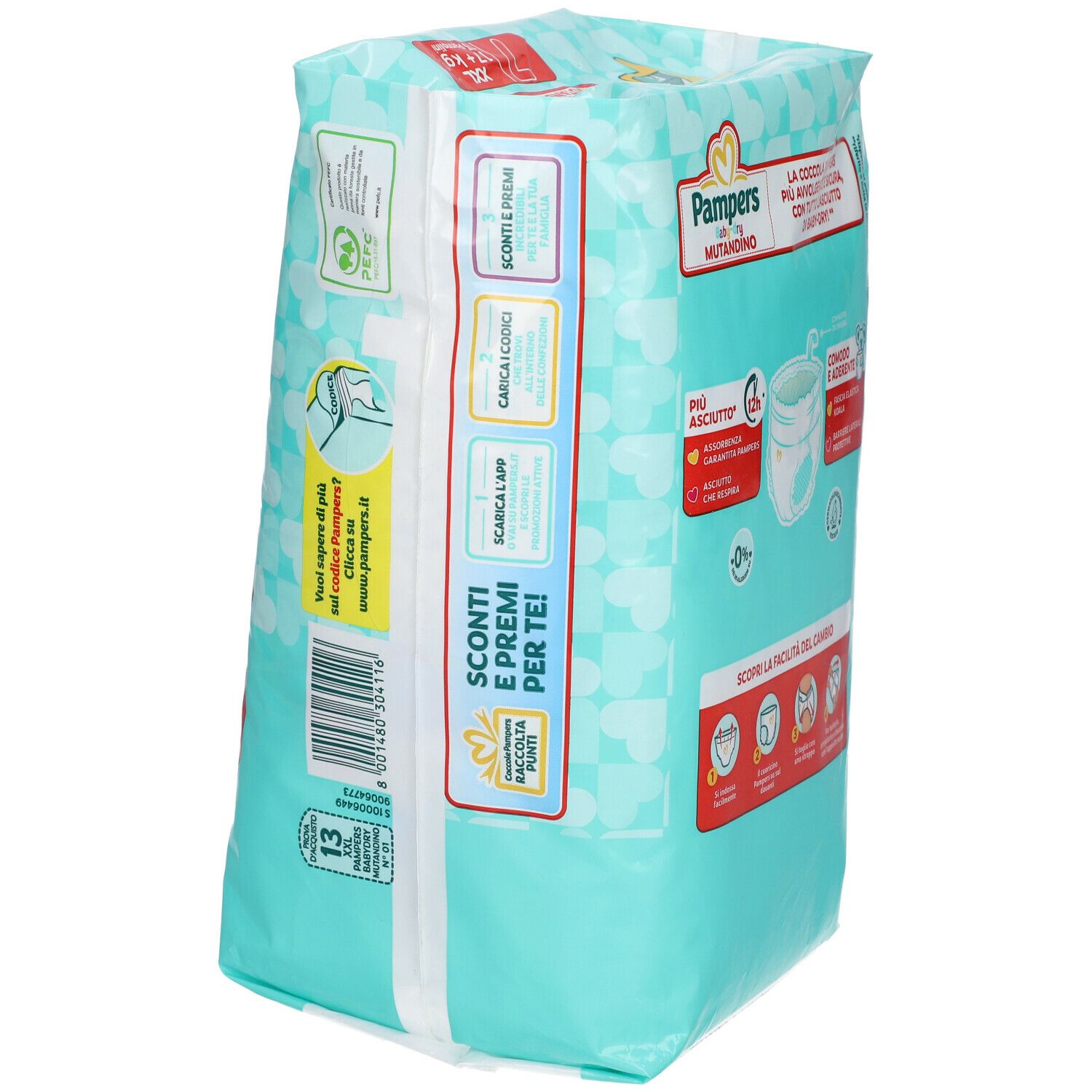 Retro confezione Pampers Baby-Dry Mutandino. Design turchese e bianco. Informazioni su taglie e caratteristiche.