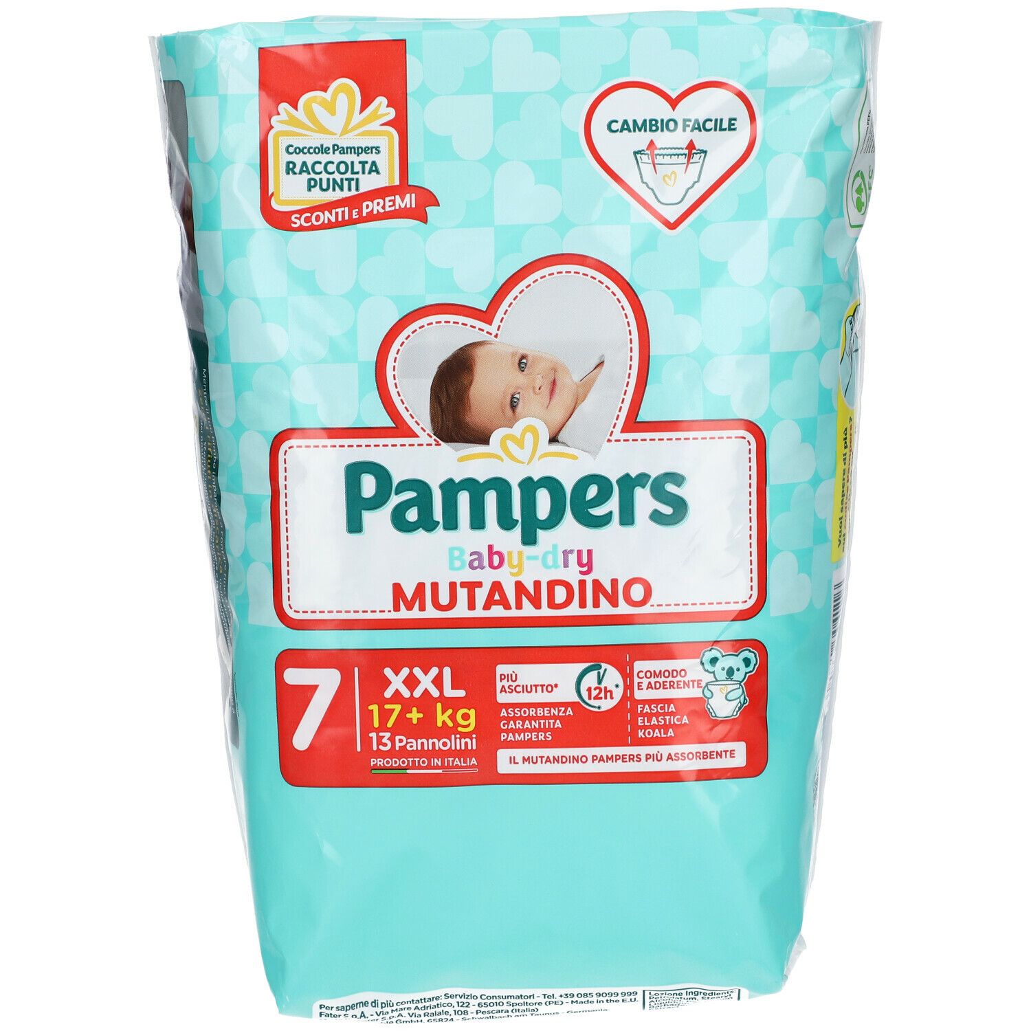 Confezione Pampers Baby-Dry Mutandino XXL. 7 pannolini. Design turchese e bianco. Cambio Facile. Immagine bambino.