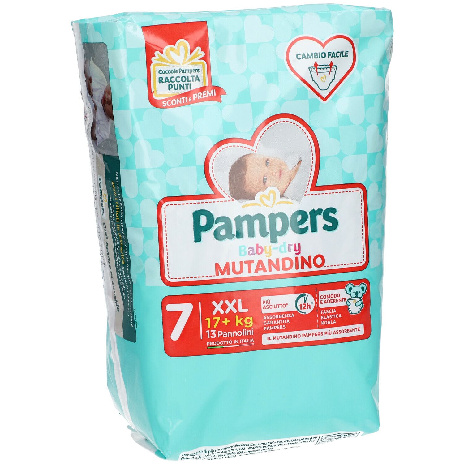 Confezione Pampers Baby-Dry Mutandino XXL. 7 pannolini. Design turchese e bianco. Cambio Facile. Immagine bambino.