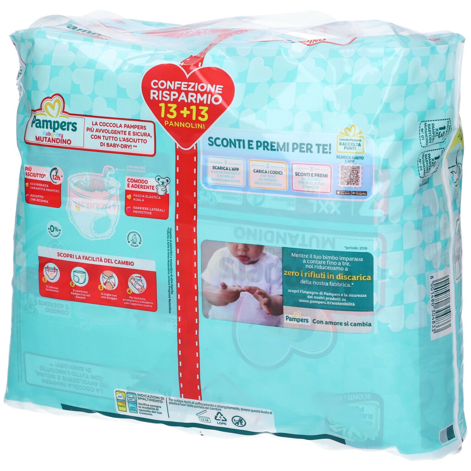 Confezione Pampers Baby-Dry Mutandino, XXL, 17+ kg. Vista posteriore. Confezione con 13+13 pannolini. Motivo verde e bianco.