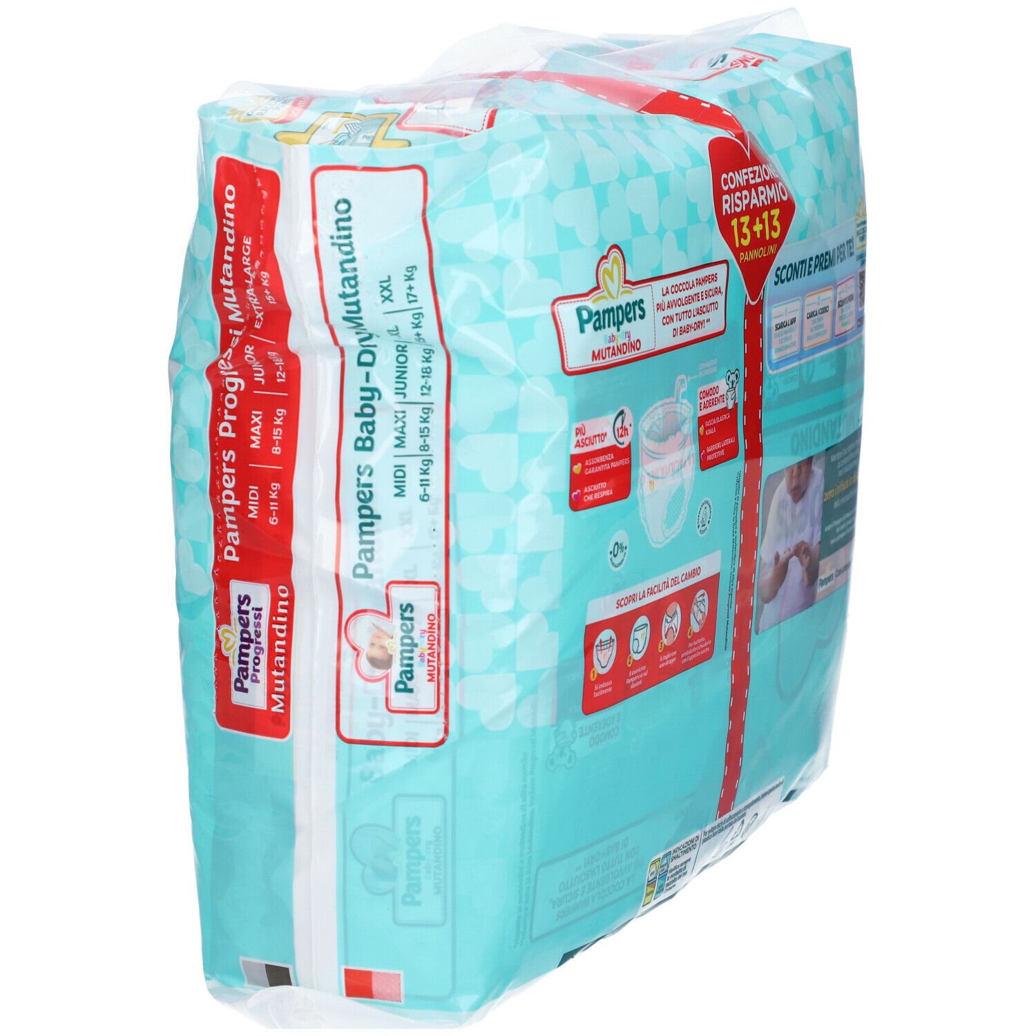 Confezione Pampers Baby-Dry Mutandino, XXL, 17+ kg. Vista laterale. Confezione con 13+13 pannolini. Motivo verde e bianco.