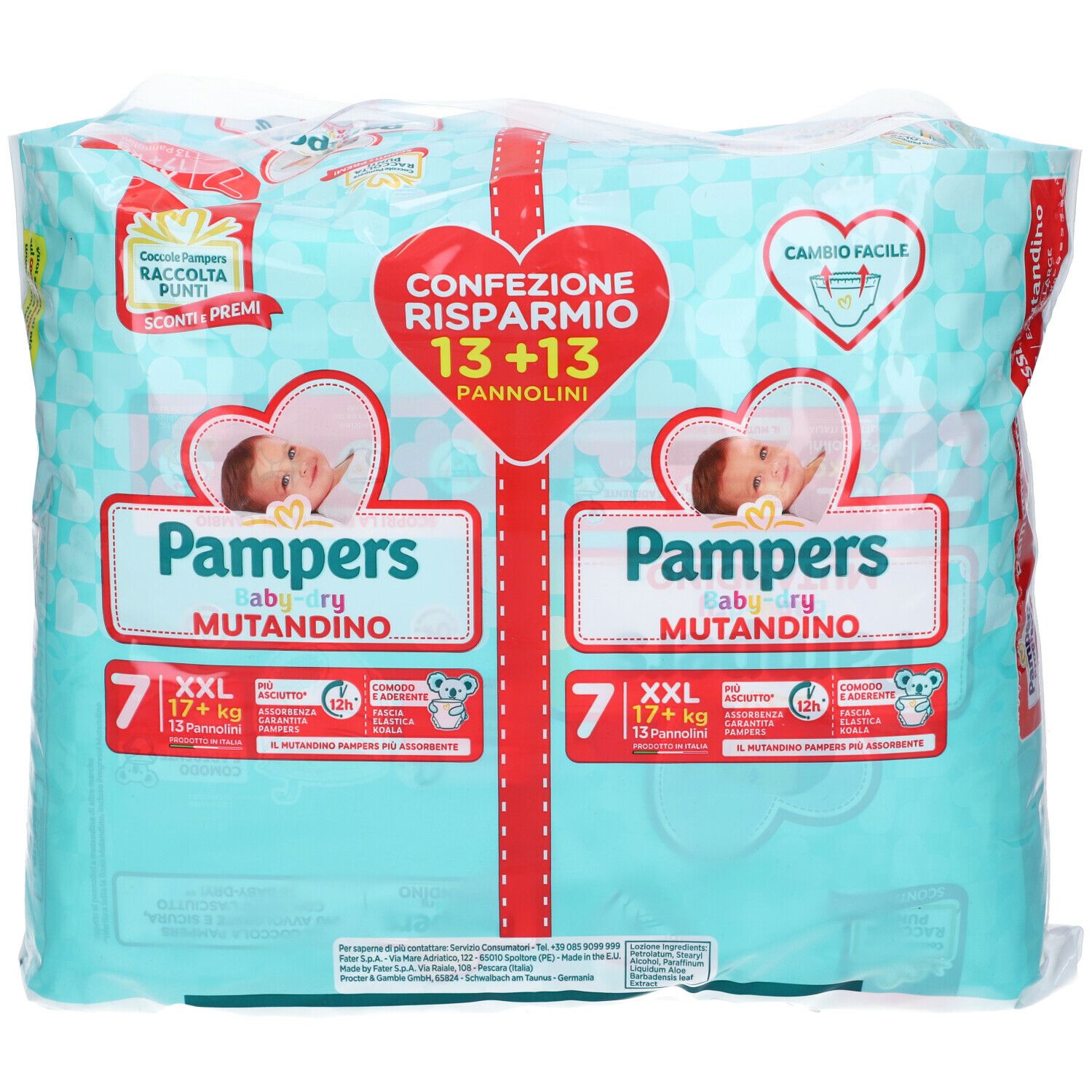 Confezione Pampers Baby-Dry Mutandino, XXL, 17+ kg. Vista frontale. Confezione con 13+13 pannolini. Motivo verde e bianco.