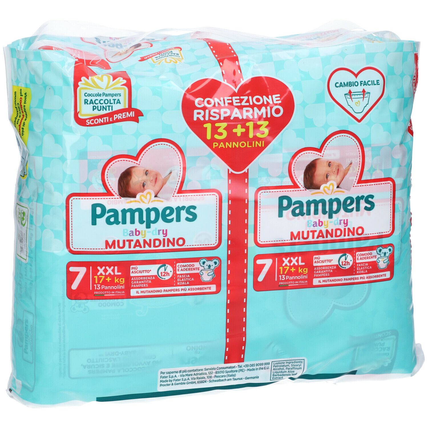 Confezione Pampers Baby-Dry Mutandino, XXL, 17+ kg. Vista frontale. Confezione con 13+13 pannolini. Motivo verde e bianco.