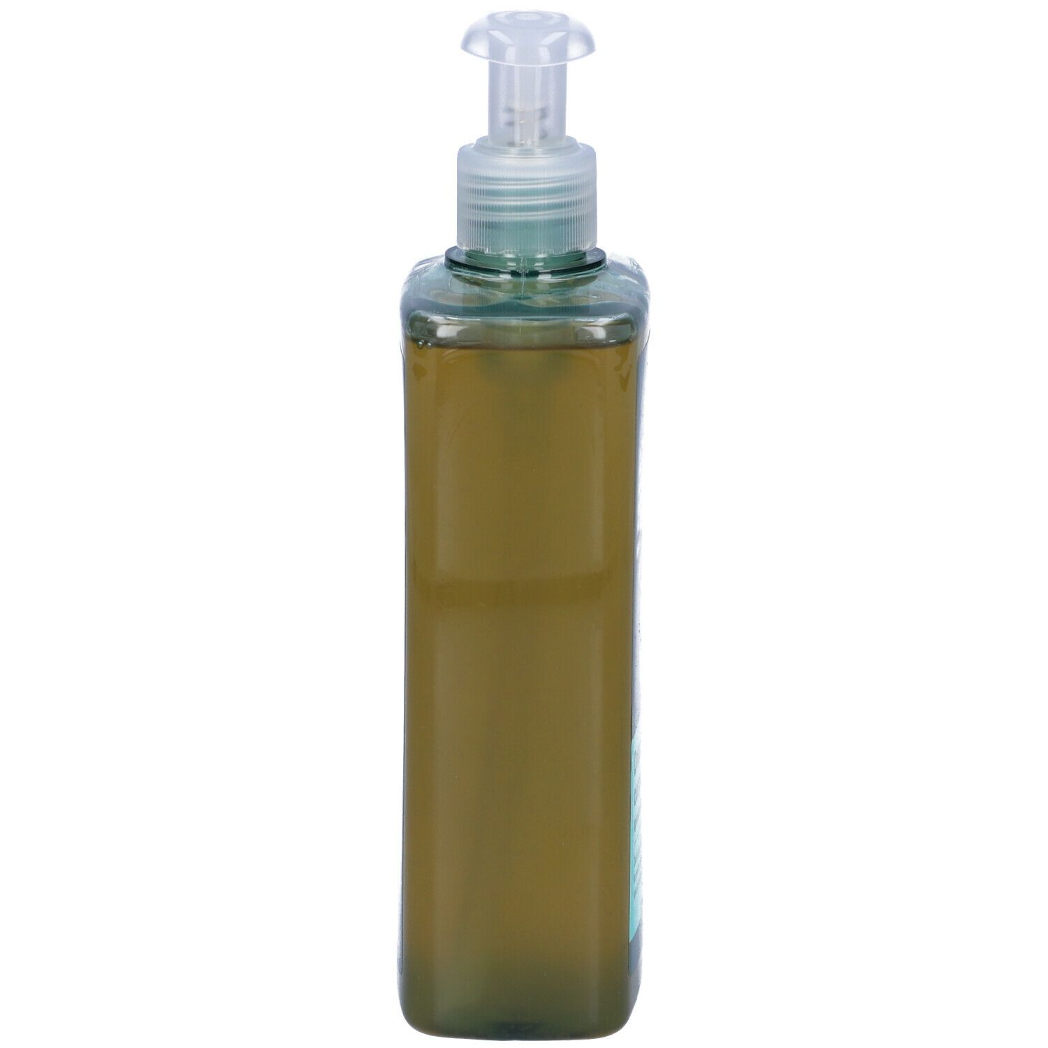 Flacone verde alto con dosatore. Contenitore trasparente. Contiene liquido verde.