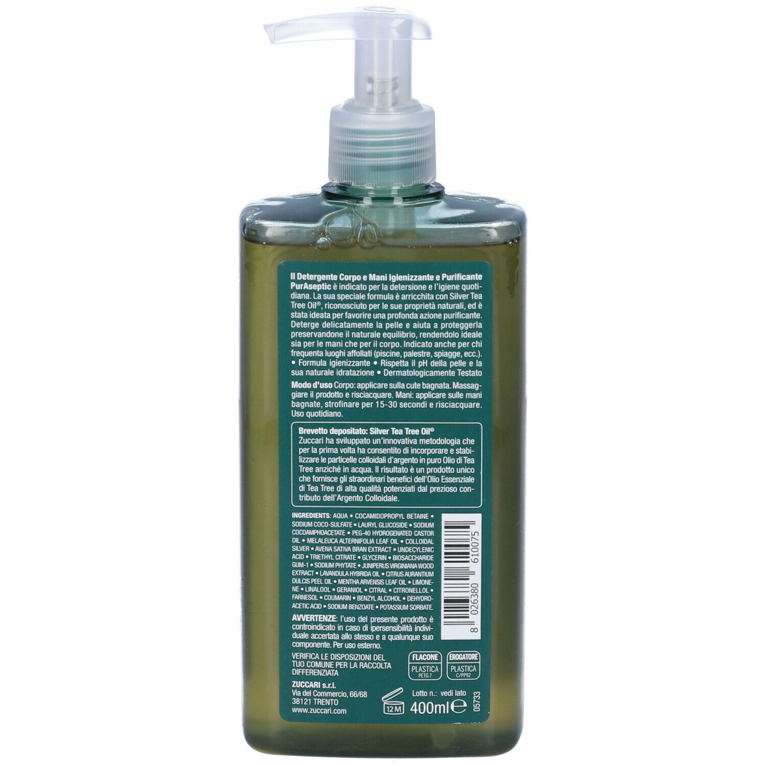 Retro del flacone verde. Testo: ingredienti, istruzioni per l'uso, informazioni sul produttore. Volume: 400 ml.