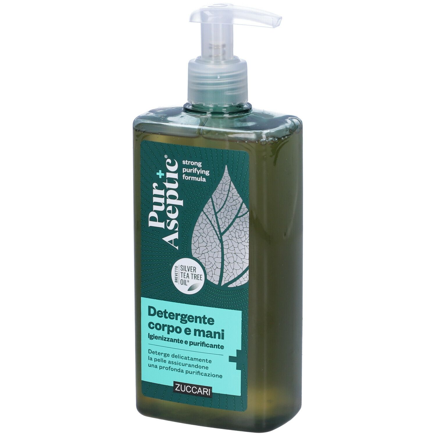 Flacone verde con dosatore. Scritta: Pur +Aseptic, Detergente corpo e mani. Contiene Silver Tea Tree Oil.