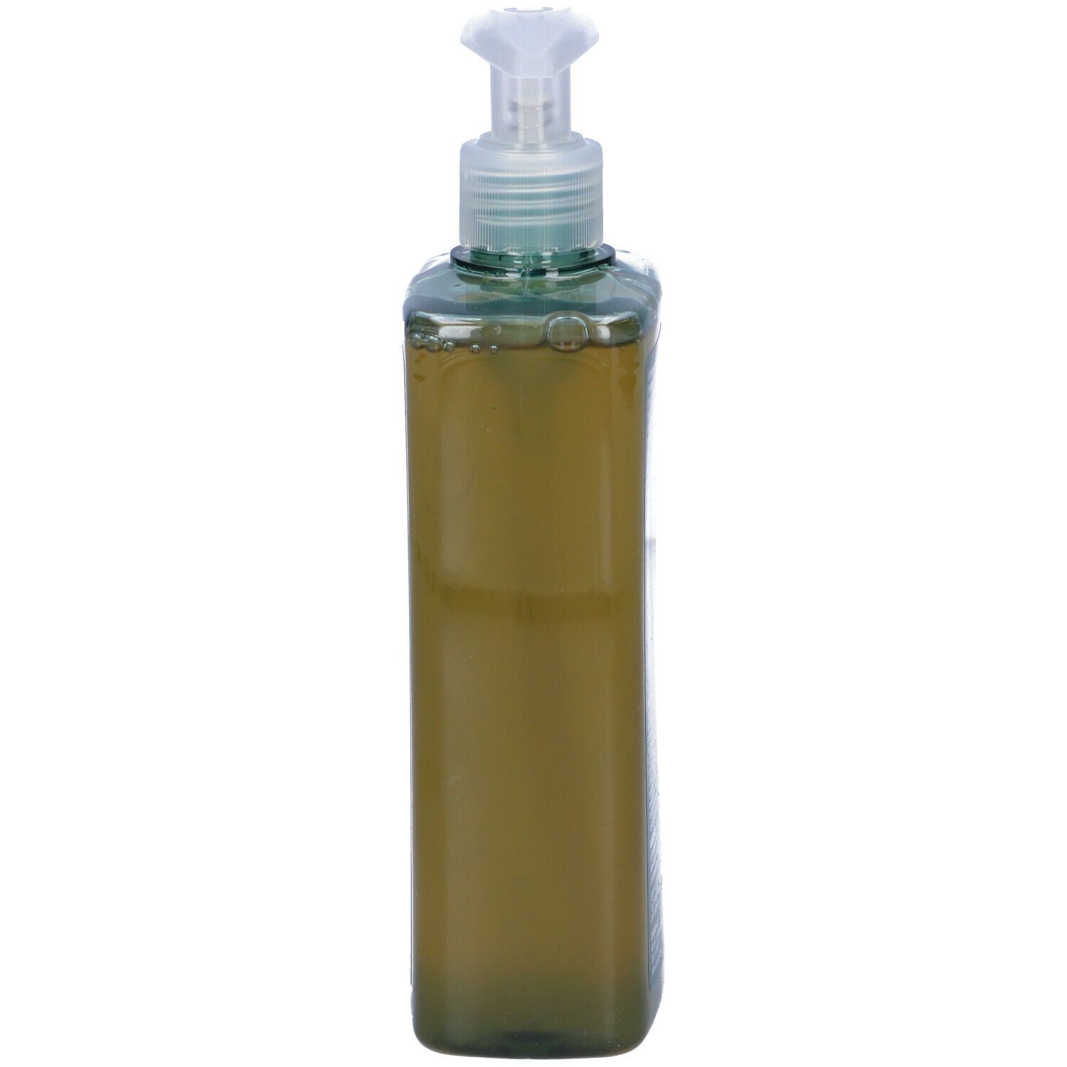 Flacone verde alto con dosatore. Contenitore trasparente. Contiene liquido verde.